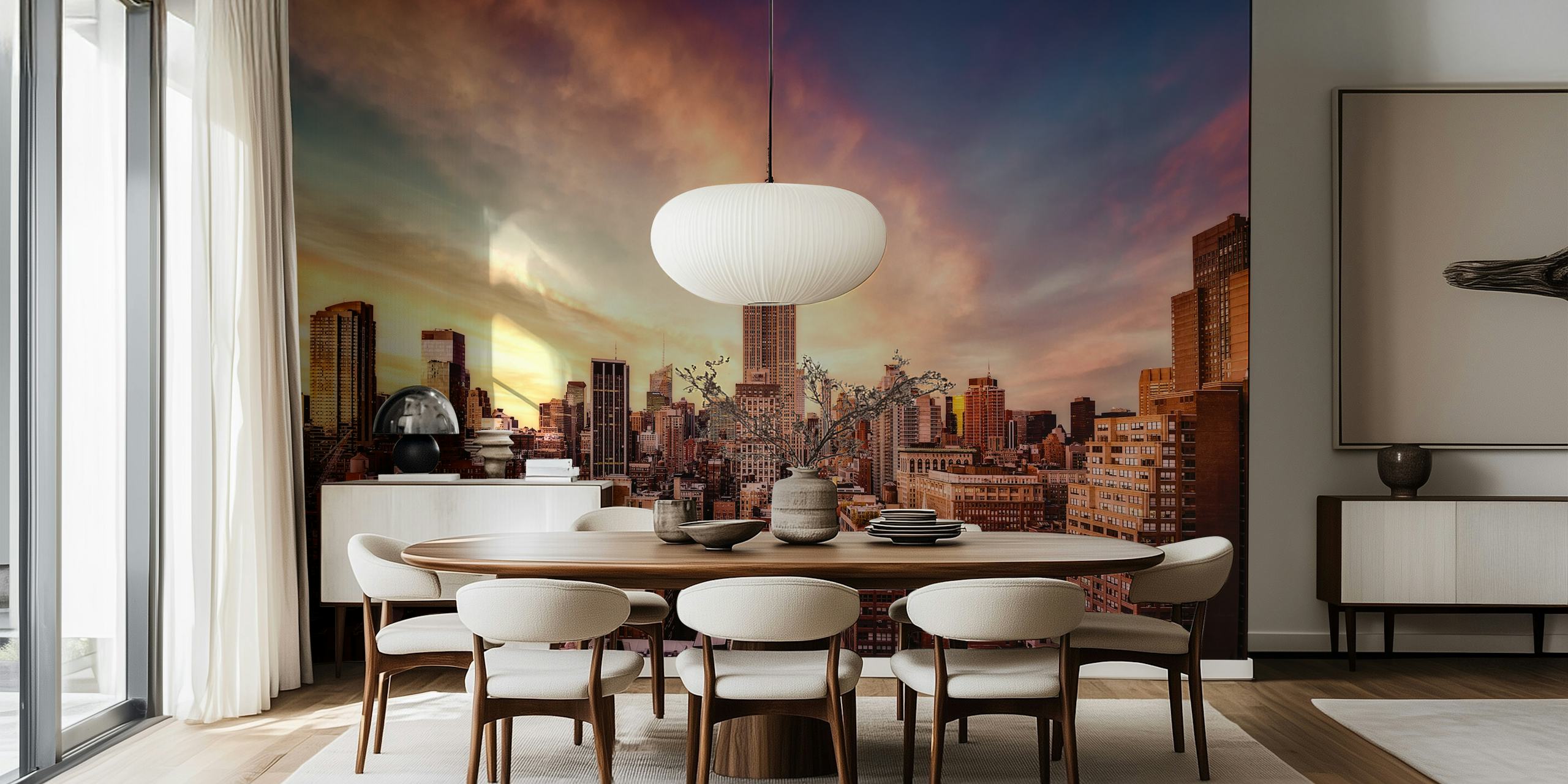 City skyline at sunset with purple and orange hues wallpaper