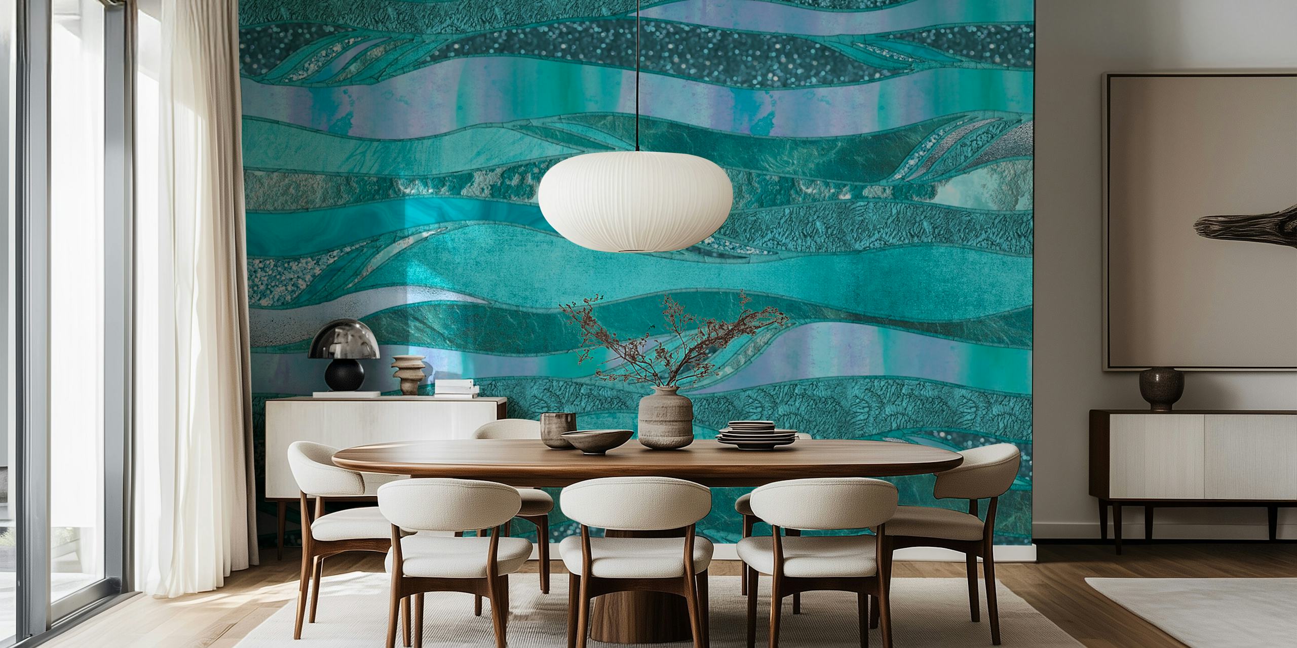 Elegant aqua- och krickafärgad tapet med en skimrande glamorös design