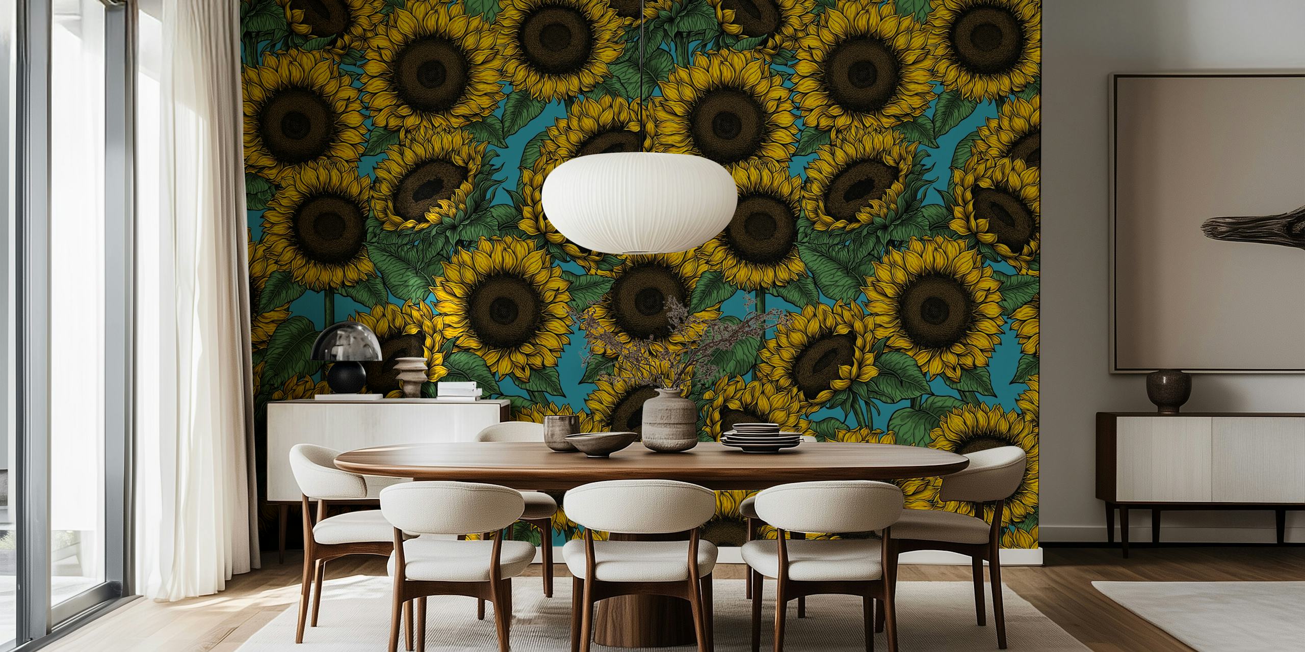 Vibrante carta da parati con girasole con uno sfondo ricco e contrastante, perfetto per aggiungere un tocco floreale a qualsiasi stanza.