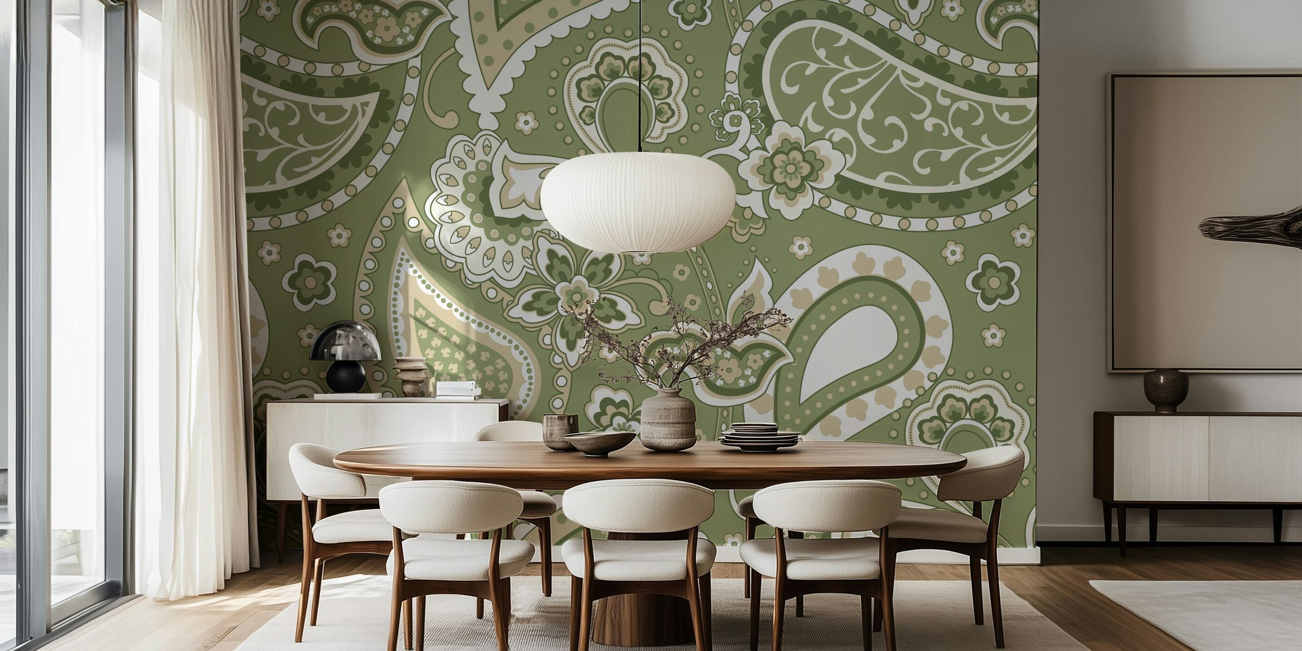 Paisley olive sage beige wallpaper design