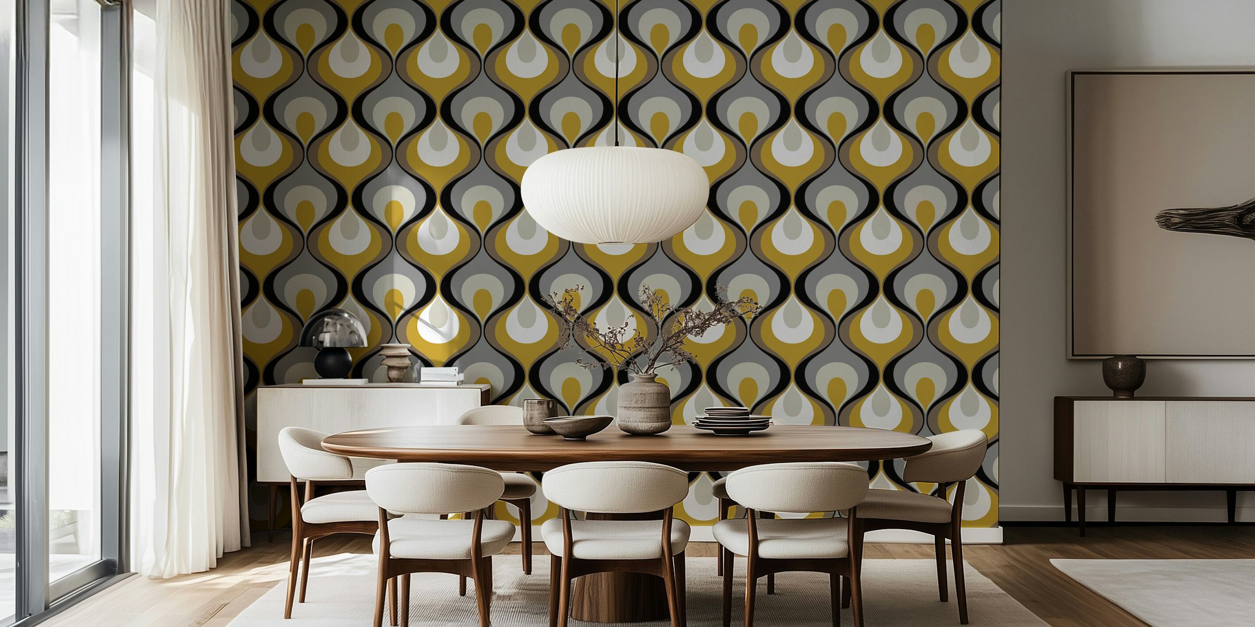 Retro teardrop pattern in gold, grey, and white wallpaper