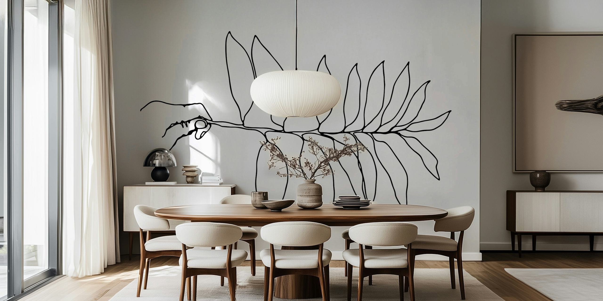 Mural de parede de arte minimalista com uma mão segurando uma folha