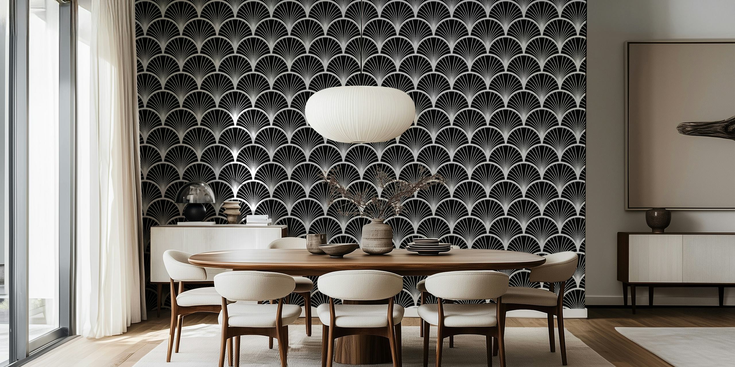 Black and white fan pattern wallpaper in Art Deco style