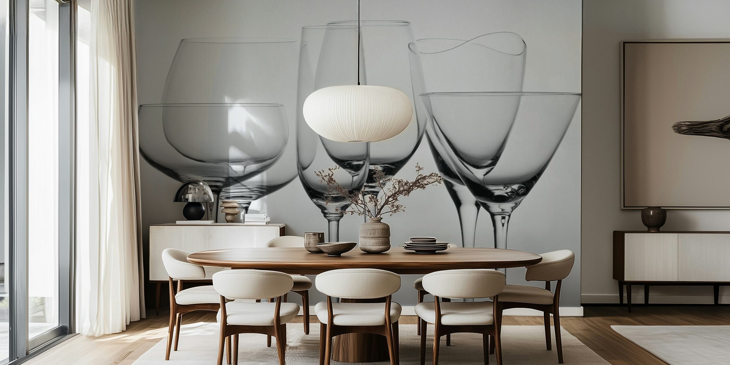 Elegant glassware display in various shapes and sizes wallpaper