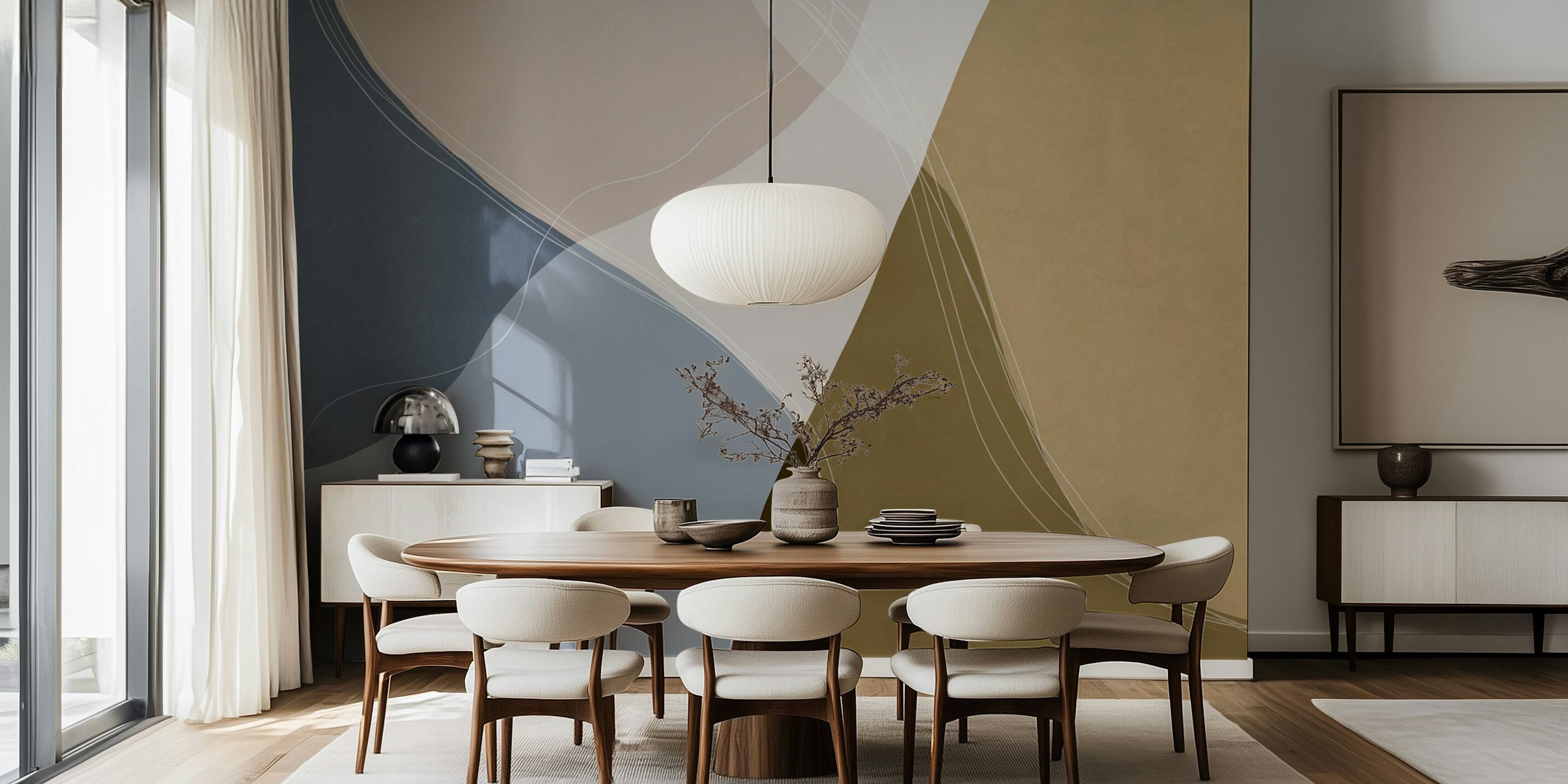 Modern abstract geometric wall mural in blue, pink, and neutral tones