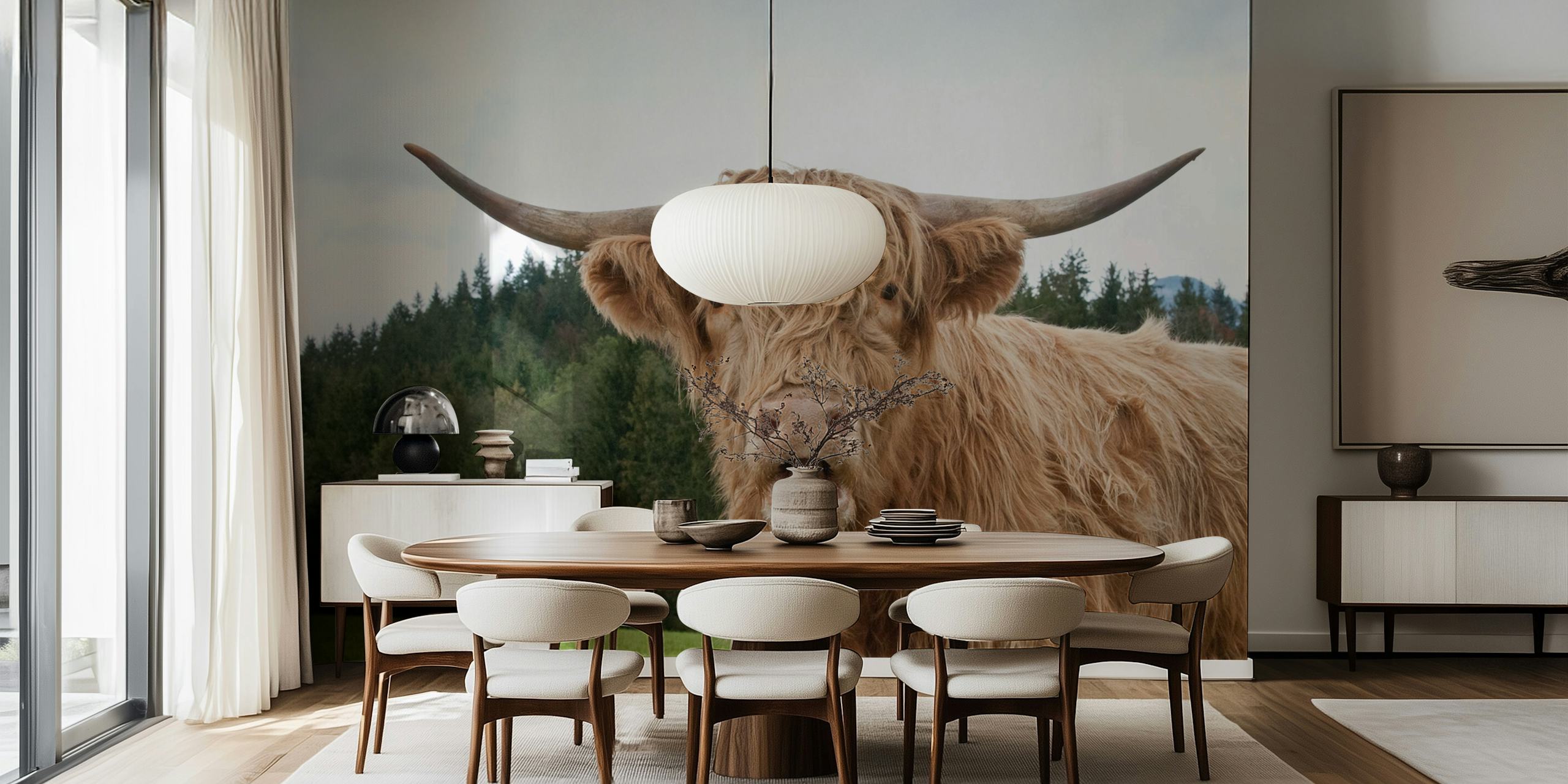 Highland cow with long fur in brown tones wallpaper