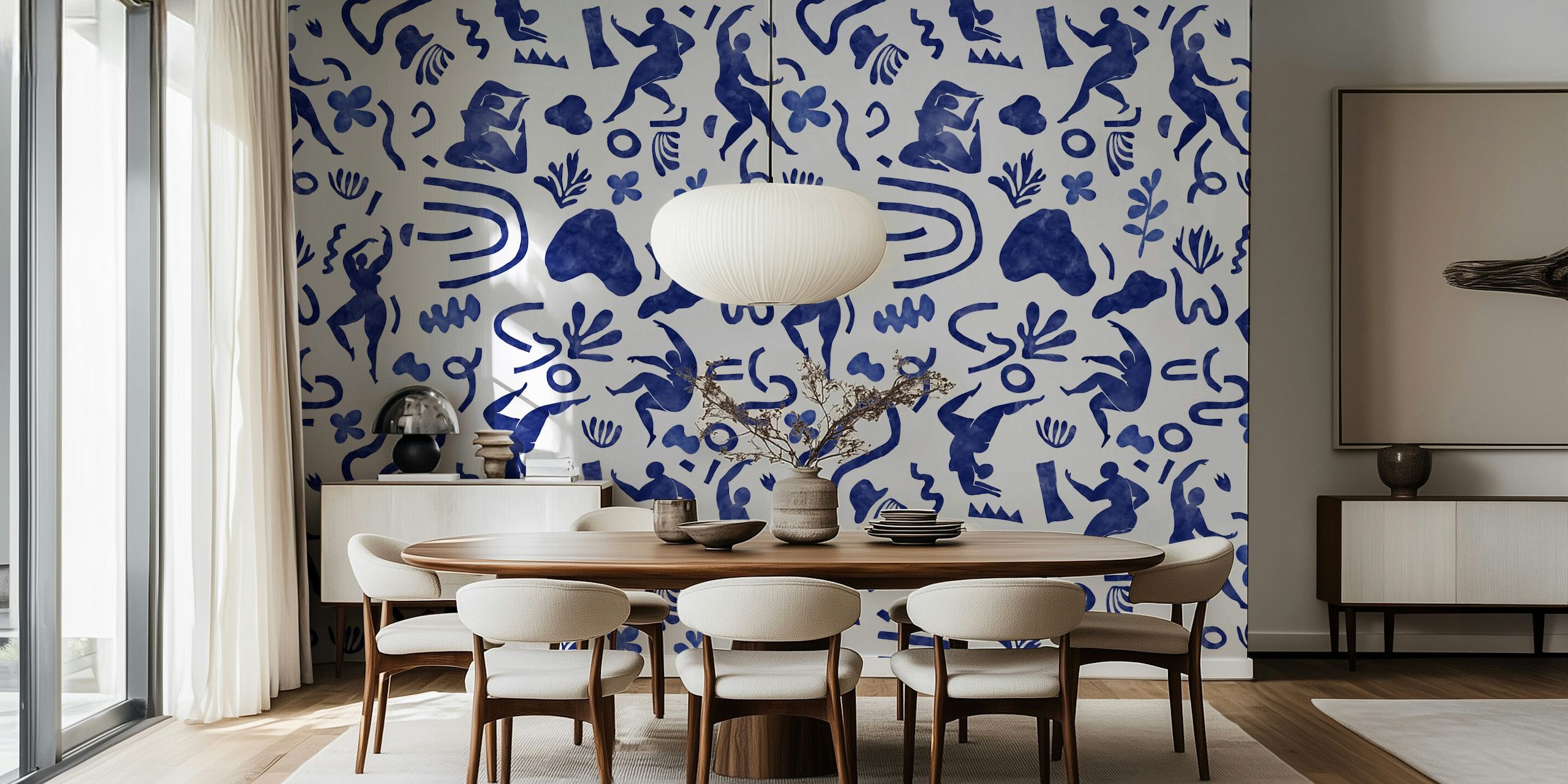 Abstract women and nature pattern wall mural in indigo blue