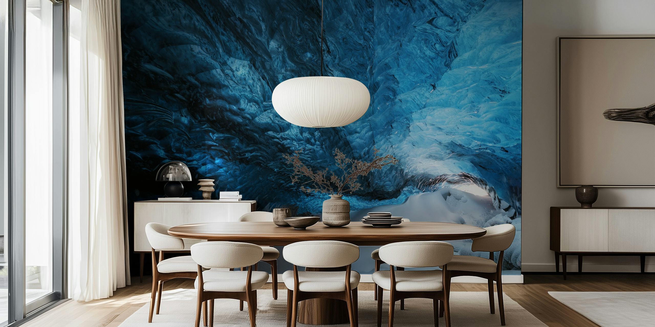 Blue cavern-like wallpaper in room display