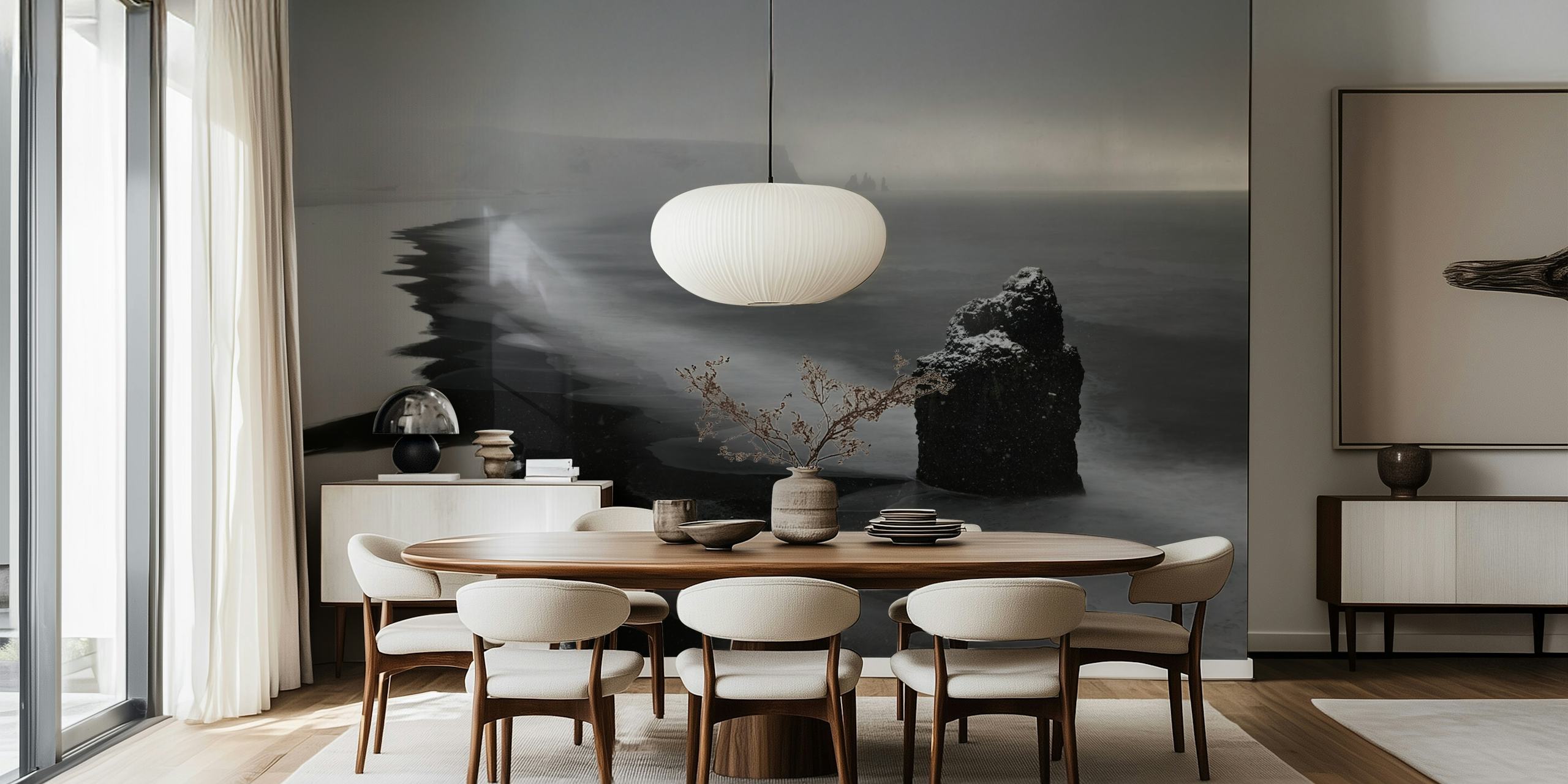 Black and white coastal landscape wallpaper with rocky shore