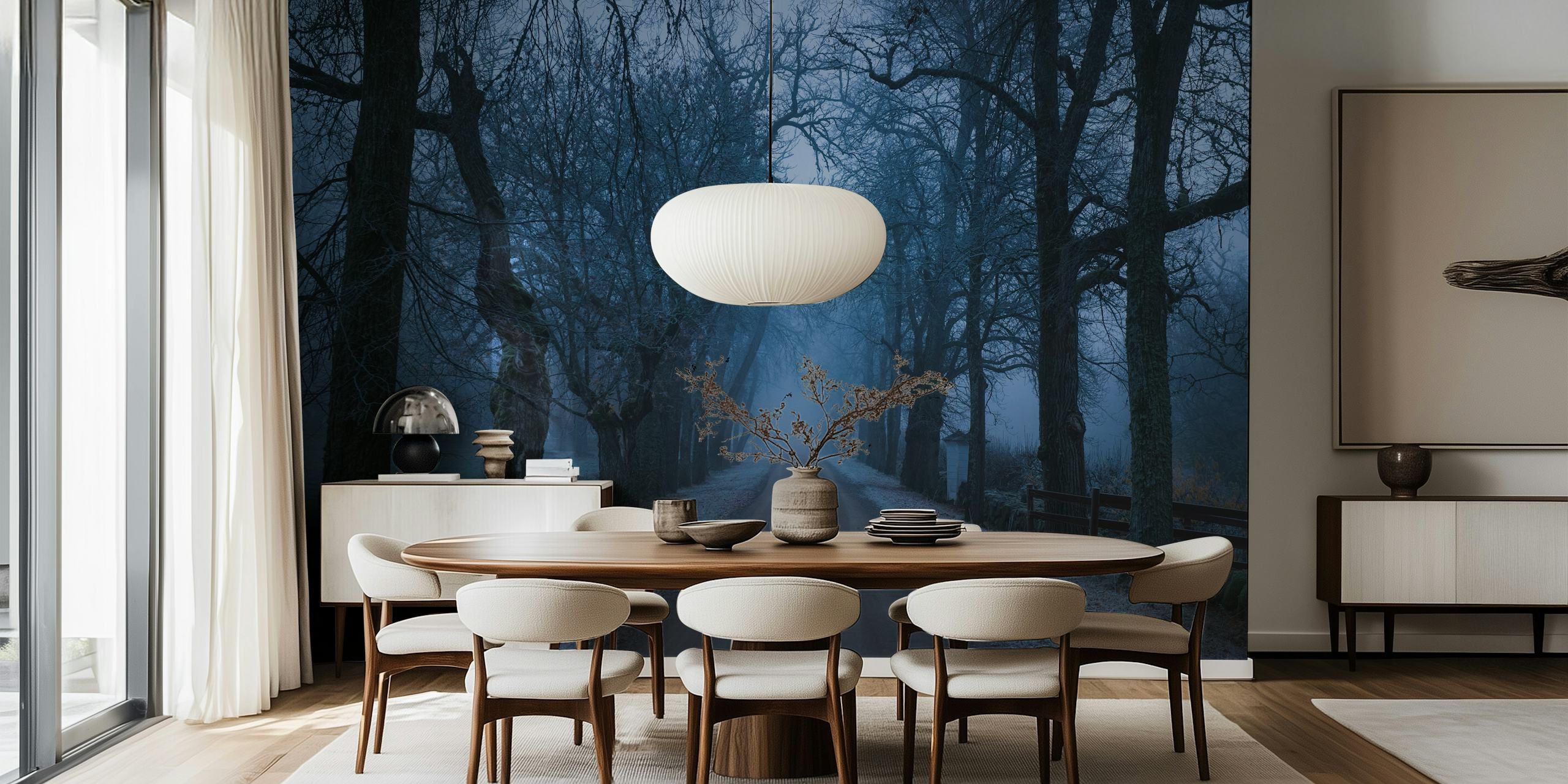 Sleepy Hollow wall mural depicting a serene, tree-lined pathway shrouded in mist