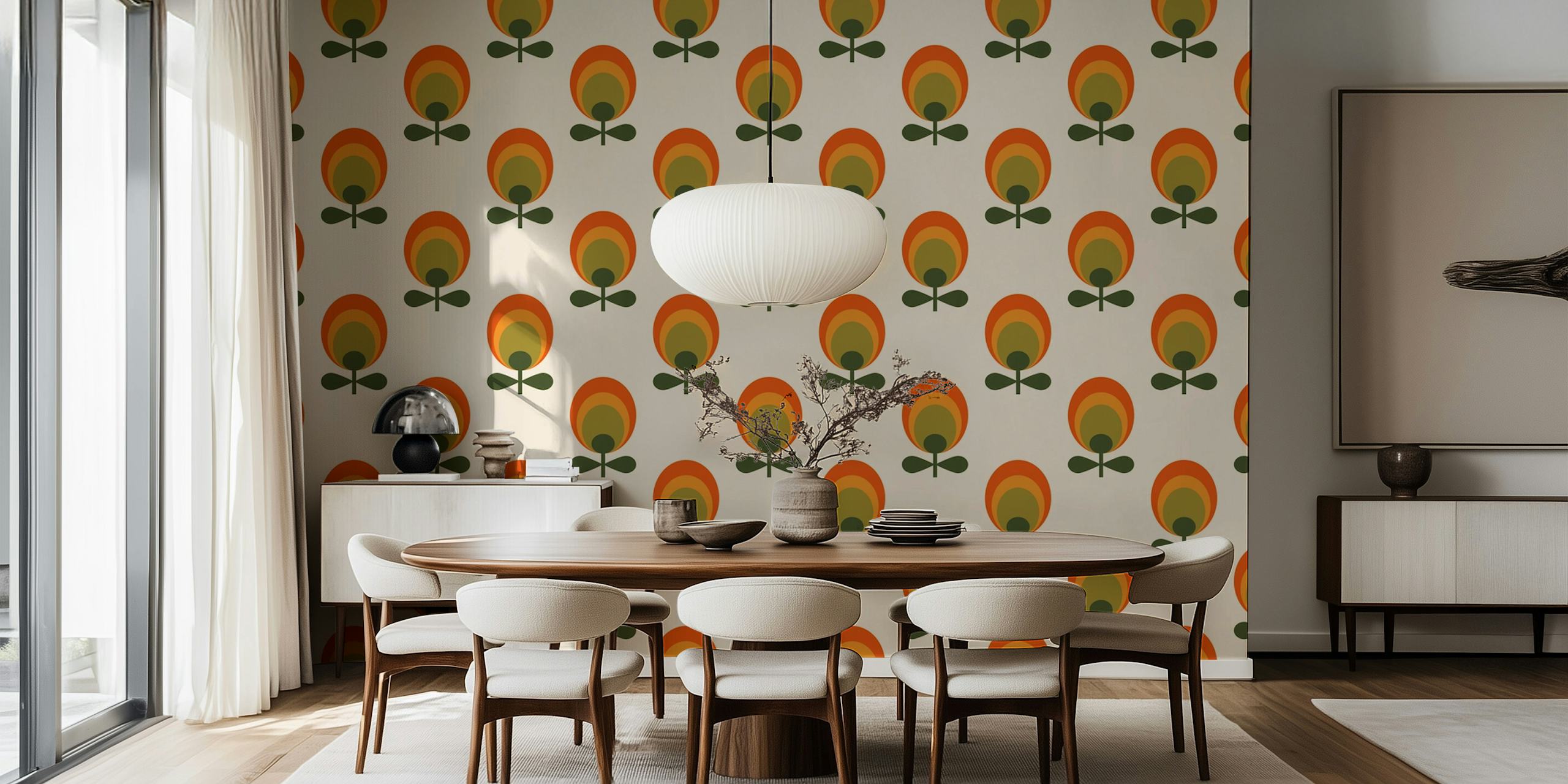 Colorful retro flower pattern in orange and green wallpaper