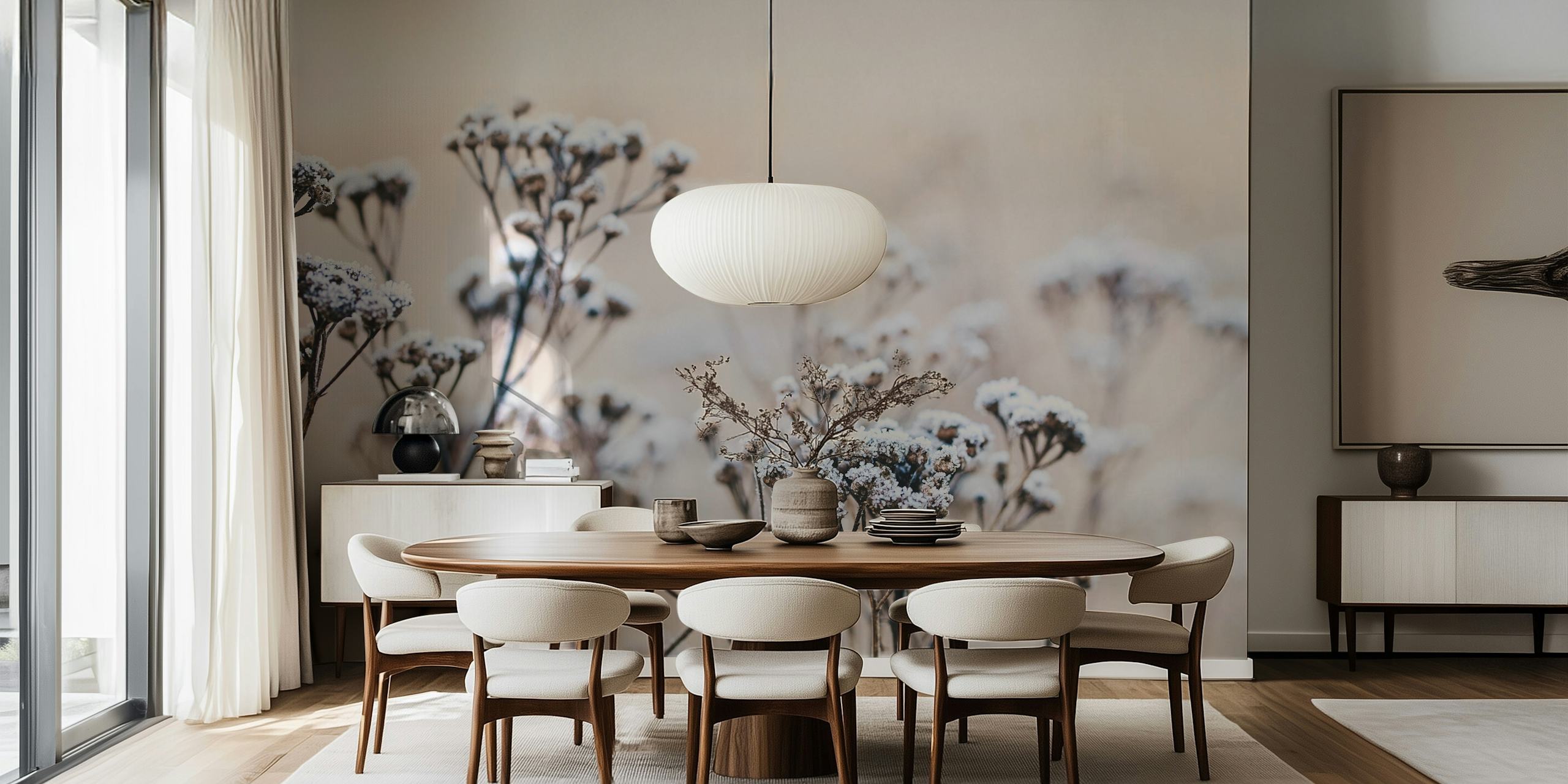 Frosted flowers in white and grey shades wallpaper