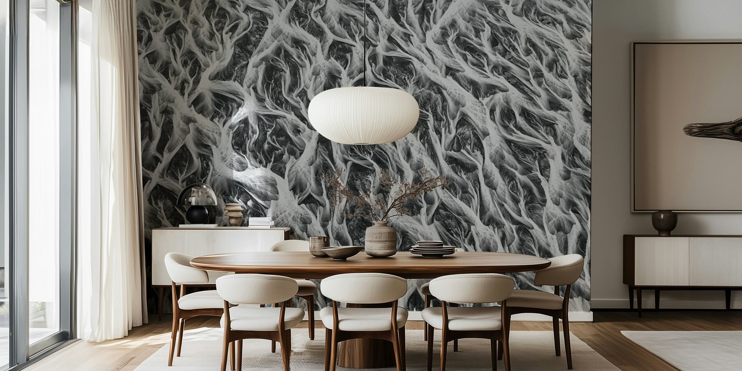Wide river shapes wallpaper design in a room