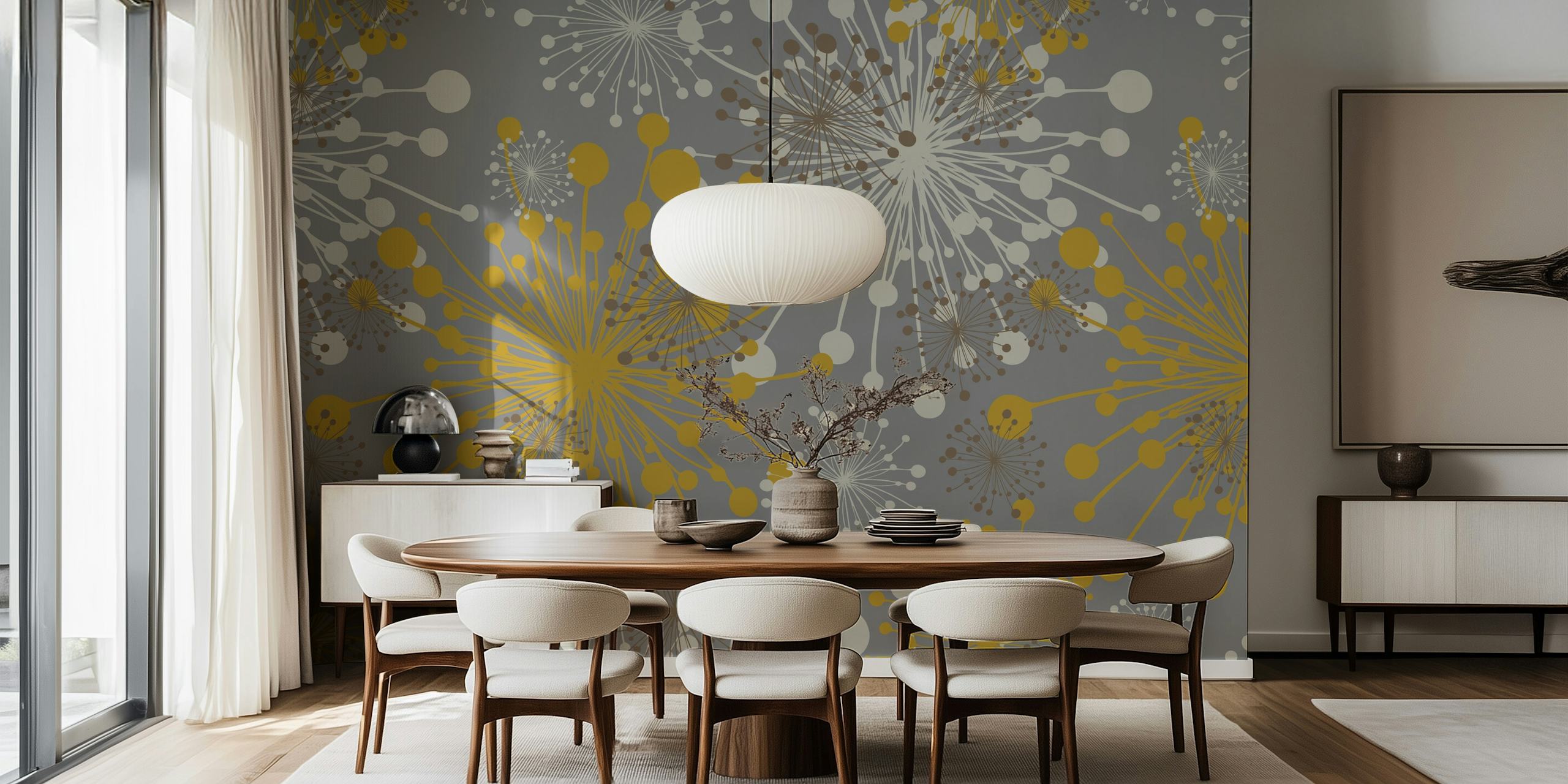 Floral pattern featuring yellow and white dandelions on grey background wallpaper
