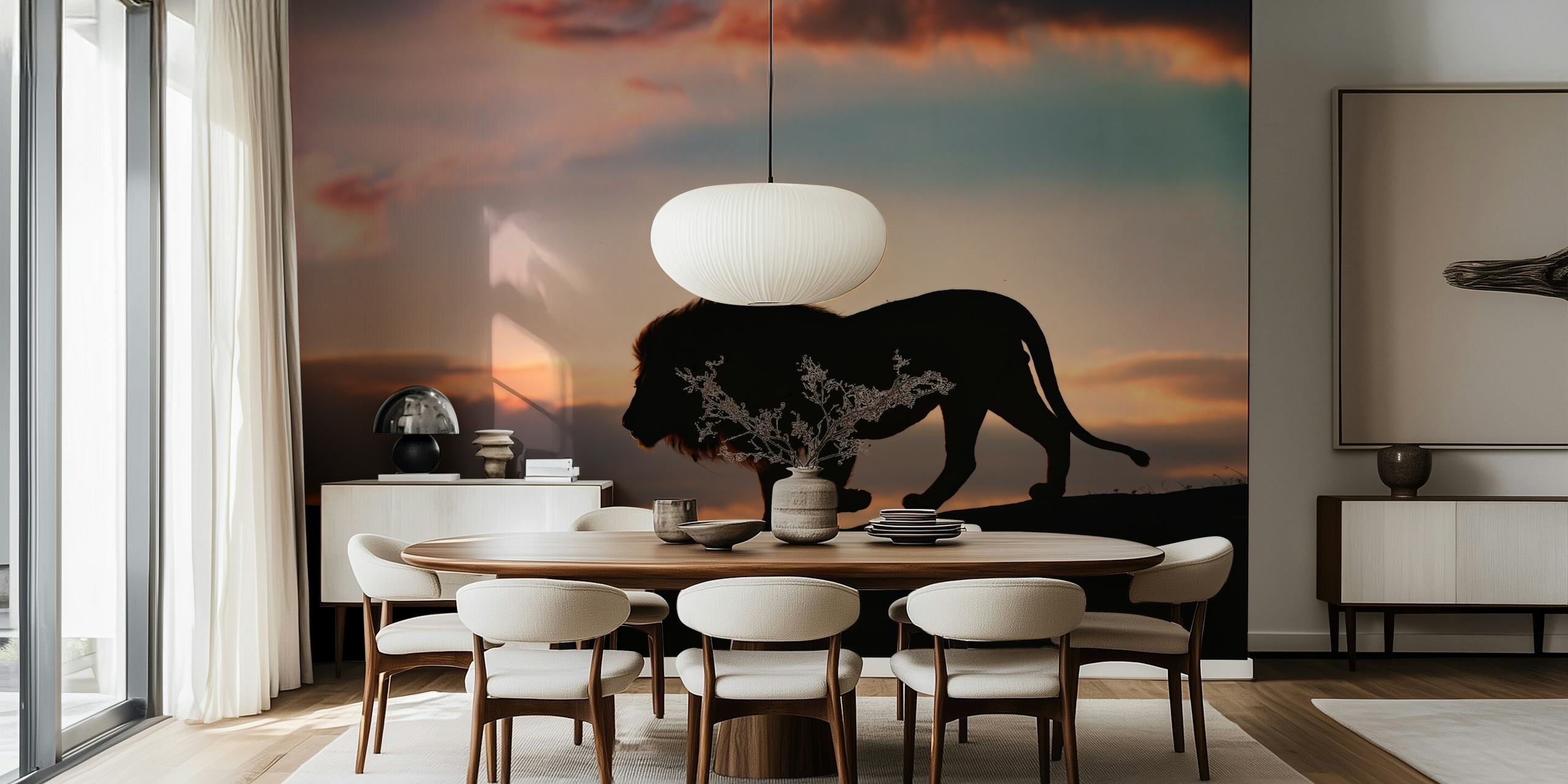 Lion silhouette against a sunset with orange and purple hues wallpaper