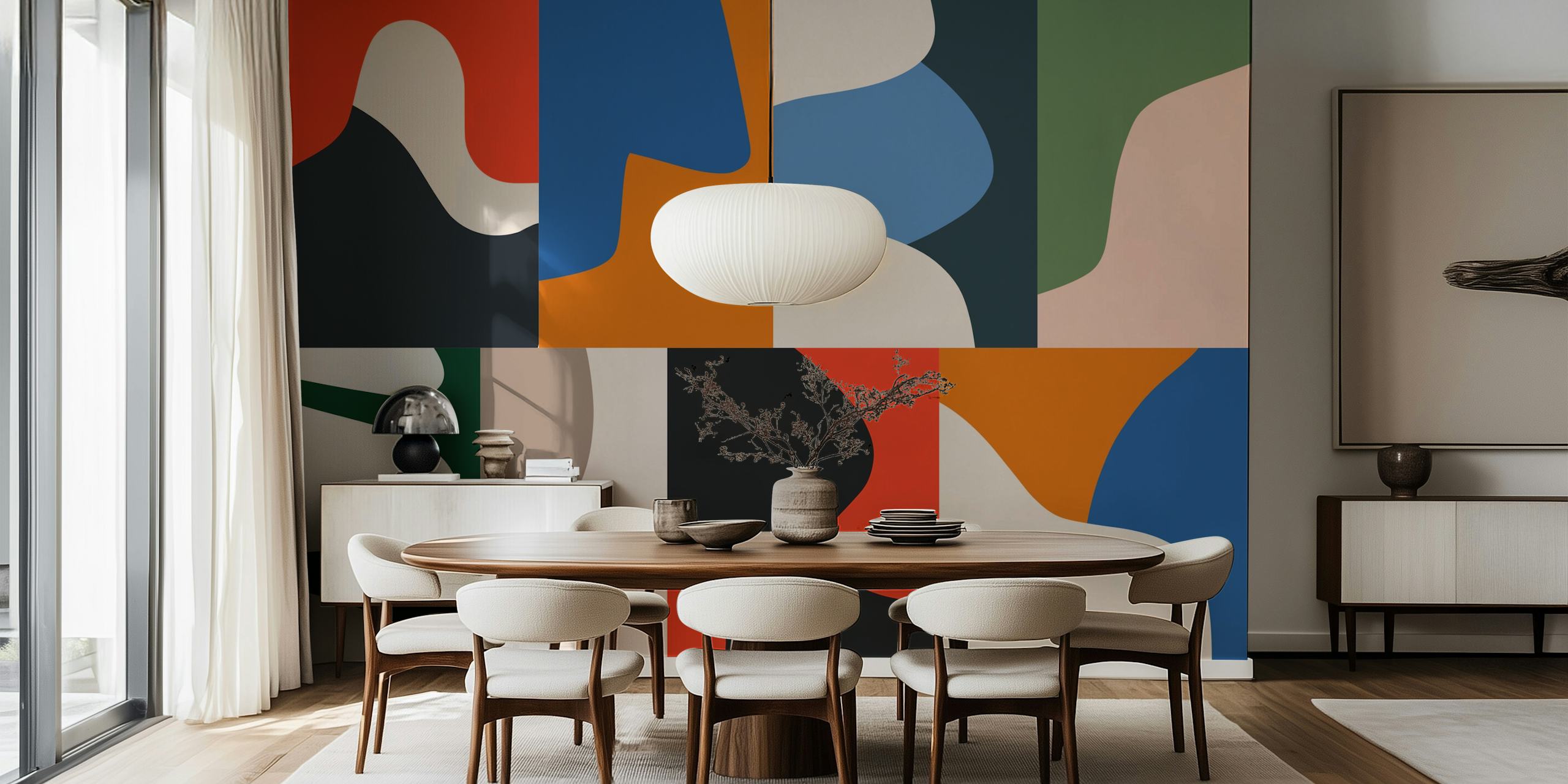 Colorful abstract mosaic shapes in red, blue, green, and black wallpaper