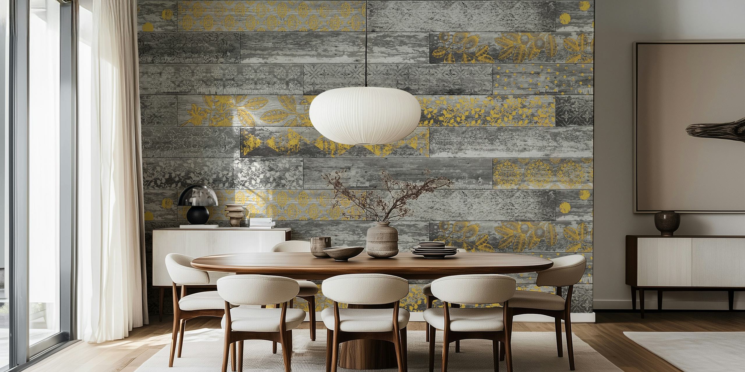 Vintage Wood Tiles Grey Yellow wallpaper in a room
