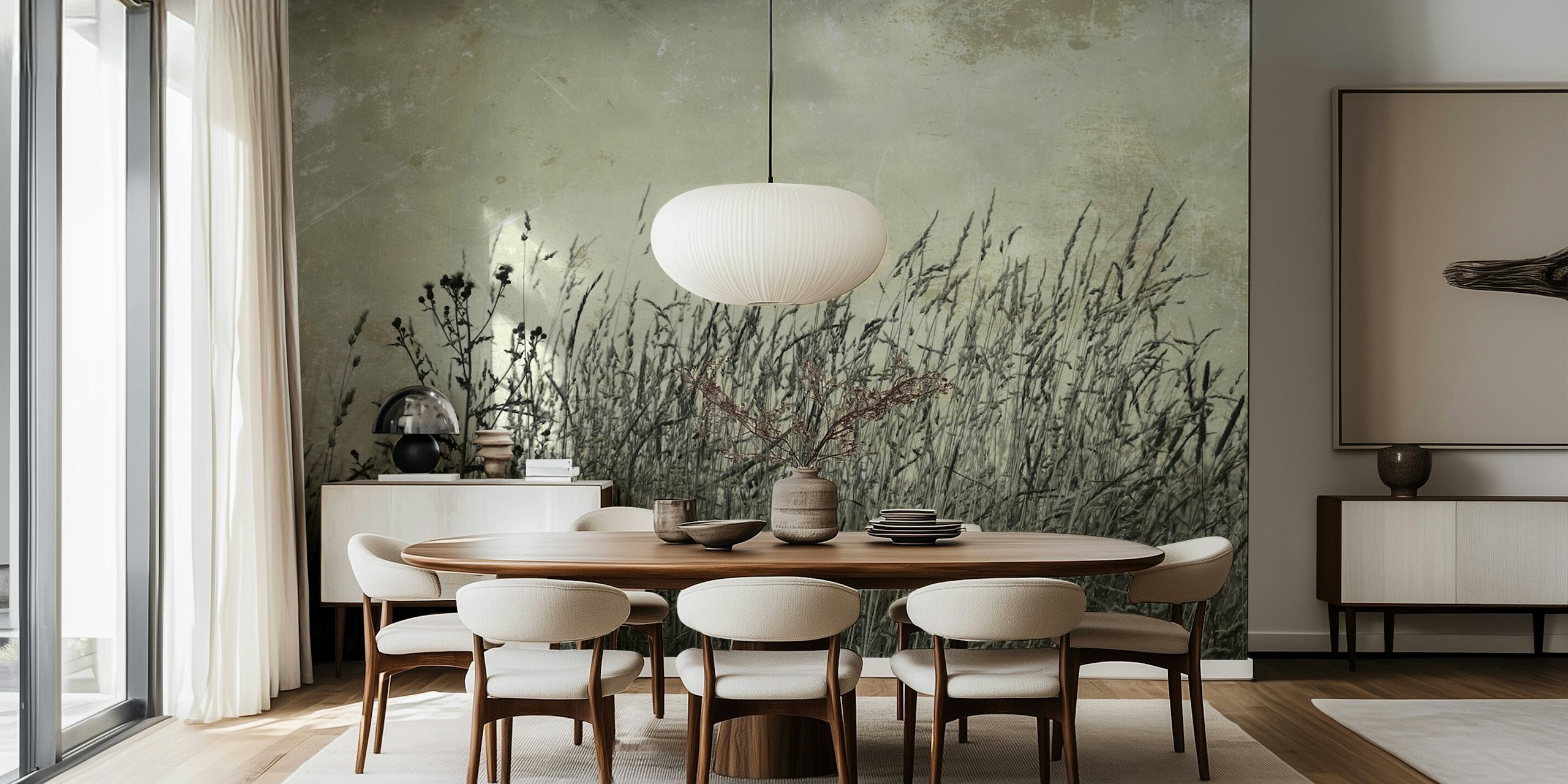 Tall grasses and wildflowers in black and white wallpaper