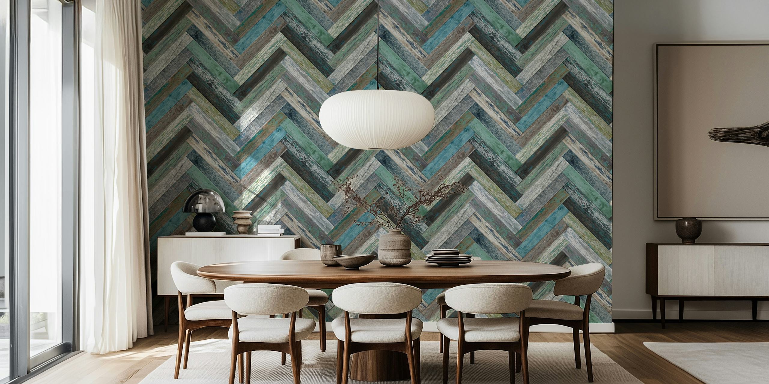 Wandbild „Chevron Wood Green Blue“ mit einem Chevron-Muster in Blau- und Grüntönen.