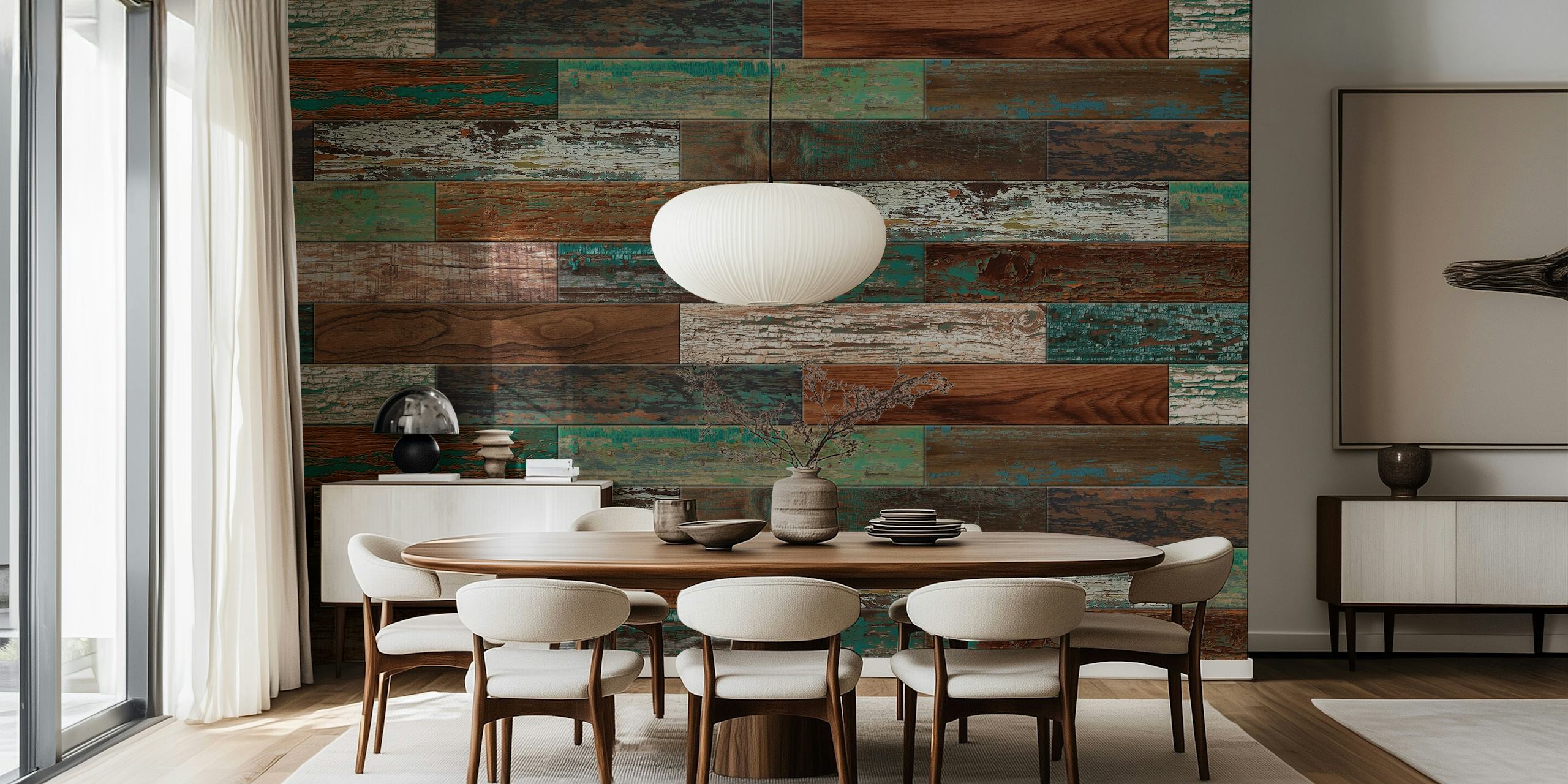 Reclaimed Boat Wood Green Rust behang in een kamer
