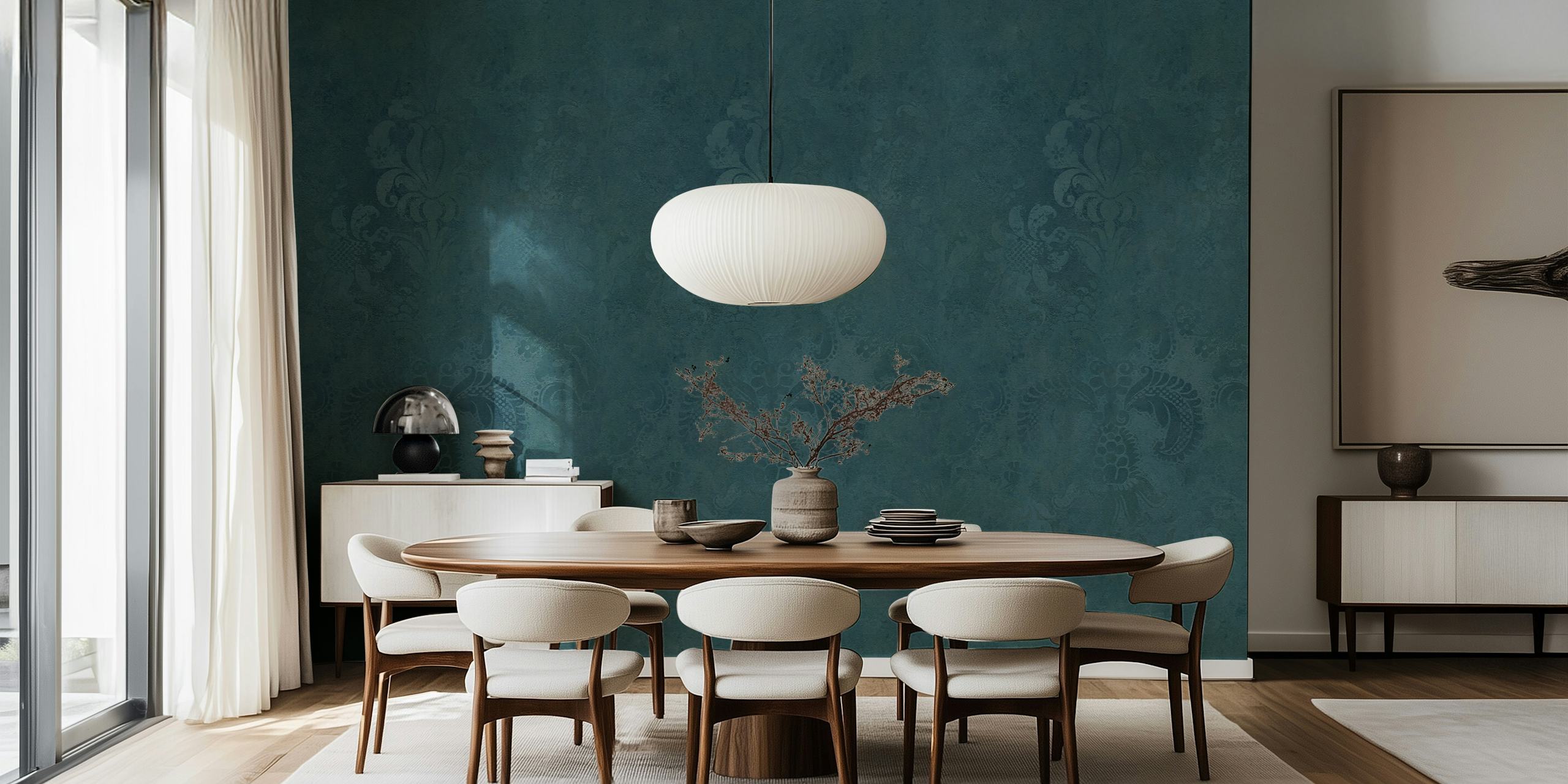 Grunge Damask Teal wallpaper in een kamer
