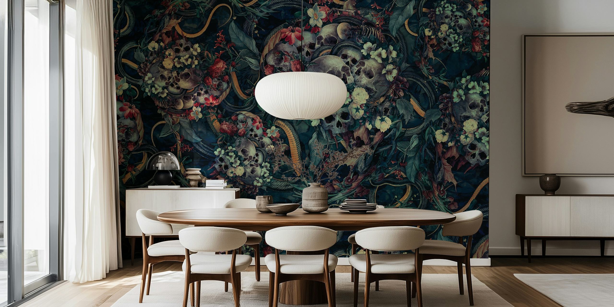 Skulls, snakes, and flowers in dark colors wallpaper