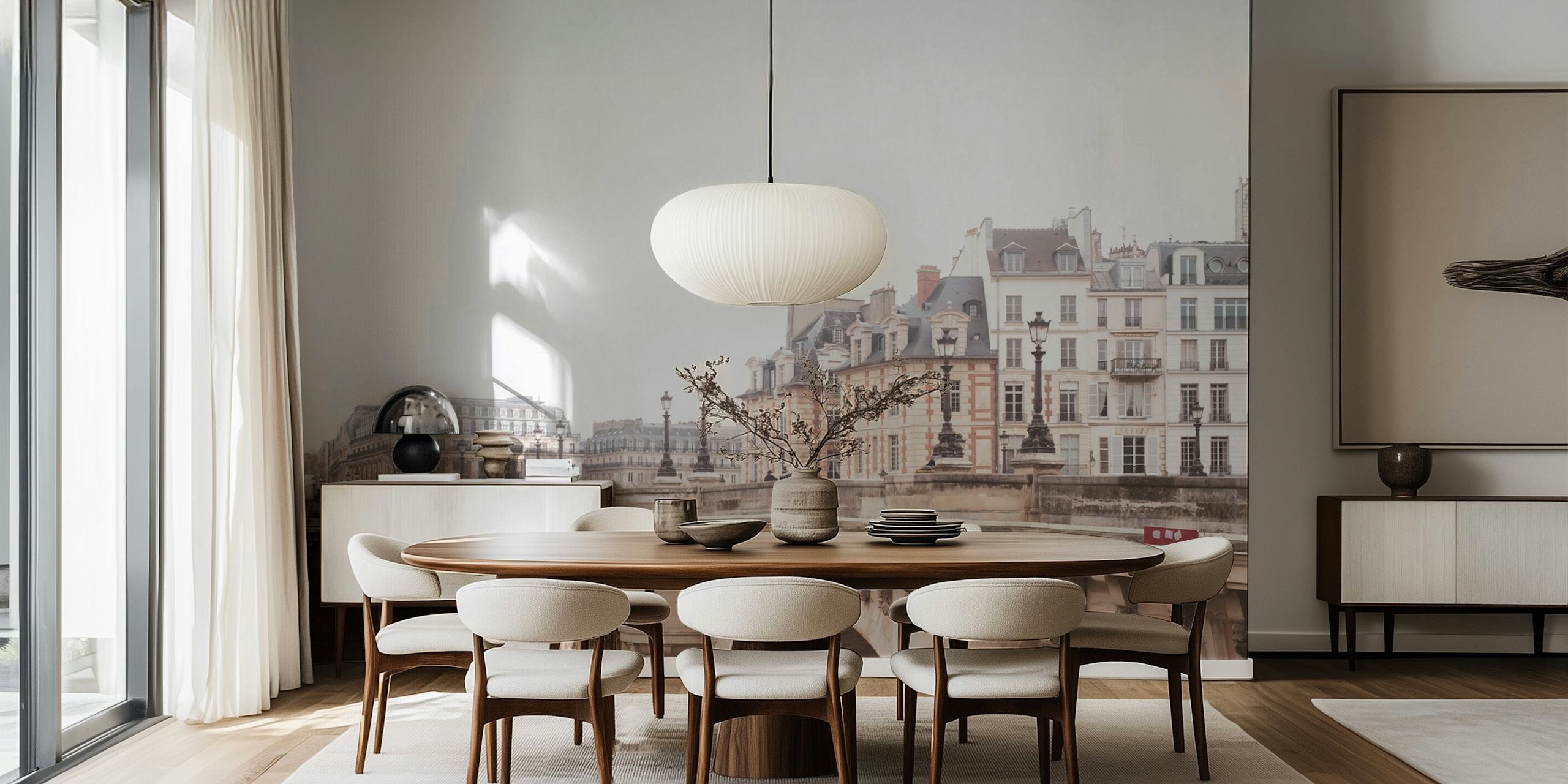 Paris city bridge with historical buildings, neutral colors wall mural