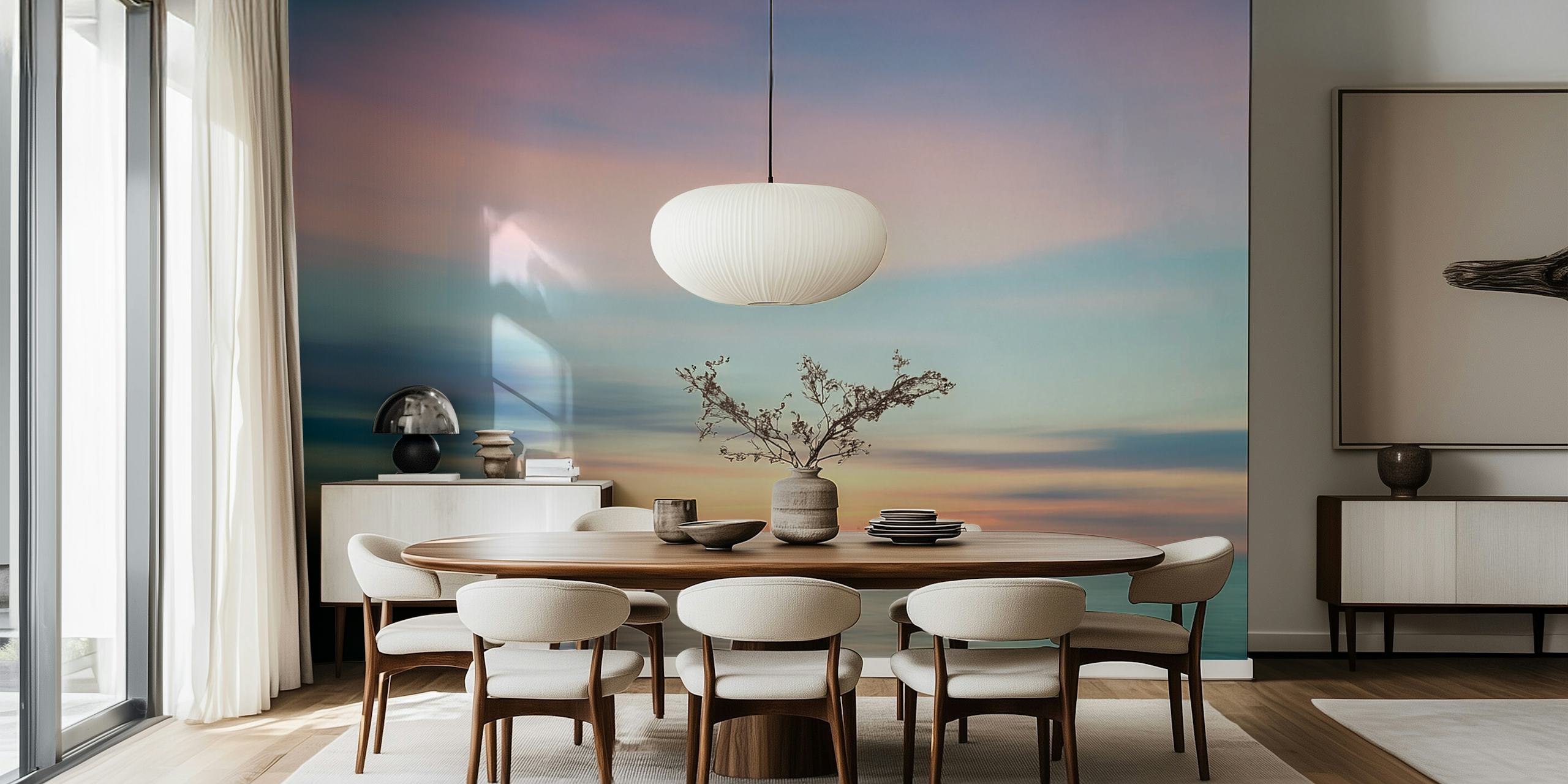 Αφηρημένη τοιχογραφία του ουρανού που συναντά τον ωκεανό, με παστέλ αποχρώσεις ηλιοβασιλέματος και ήρεμους τόνους θάλασσας