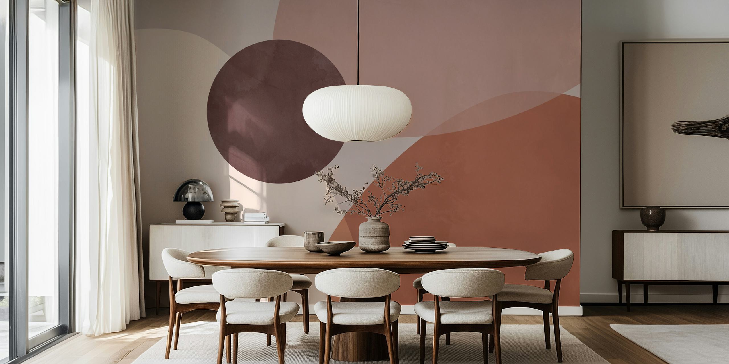 Abstract earth tone shapes in brown, beige, and terracotta wallpaper