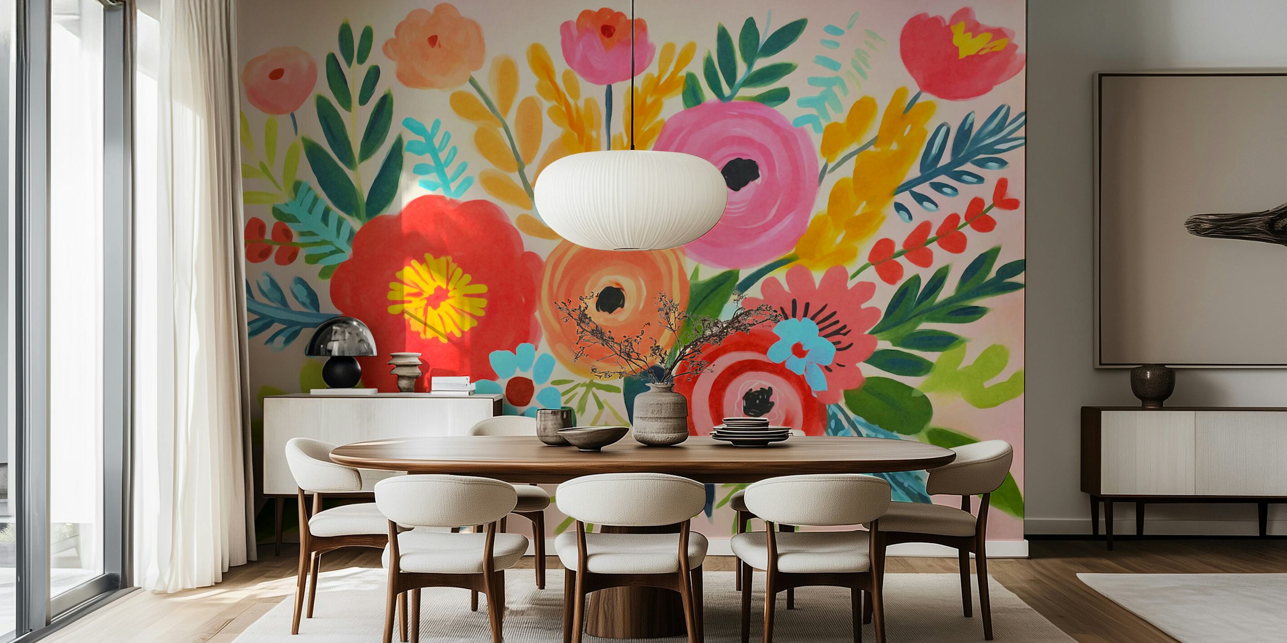 Colorful floral wallpaper in a bright room