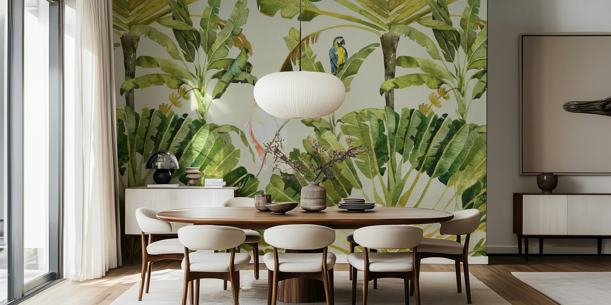 Tropical birds and green palm leaves on soft sage wallpaper