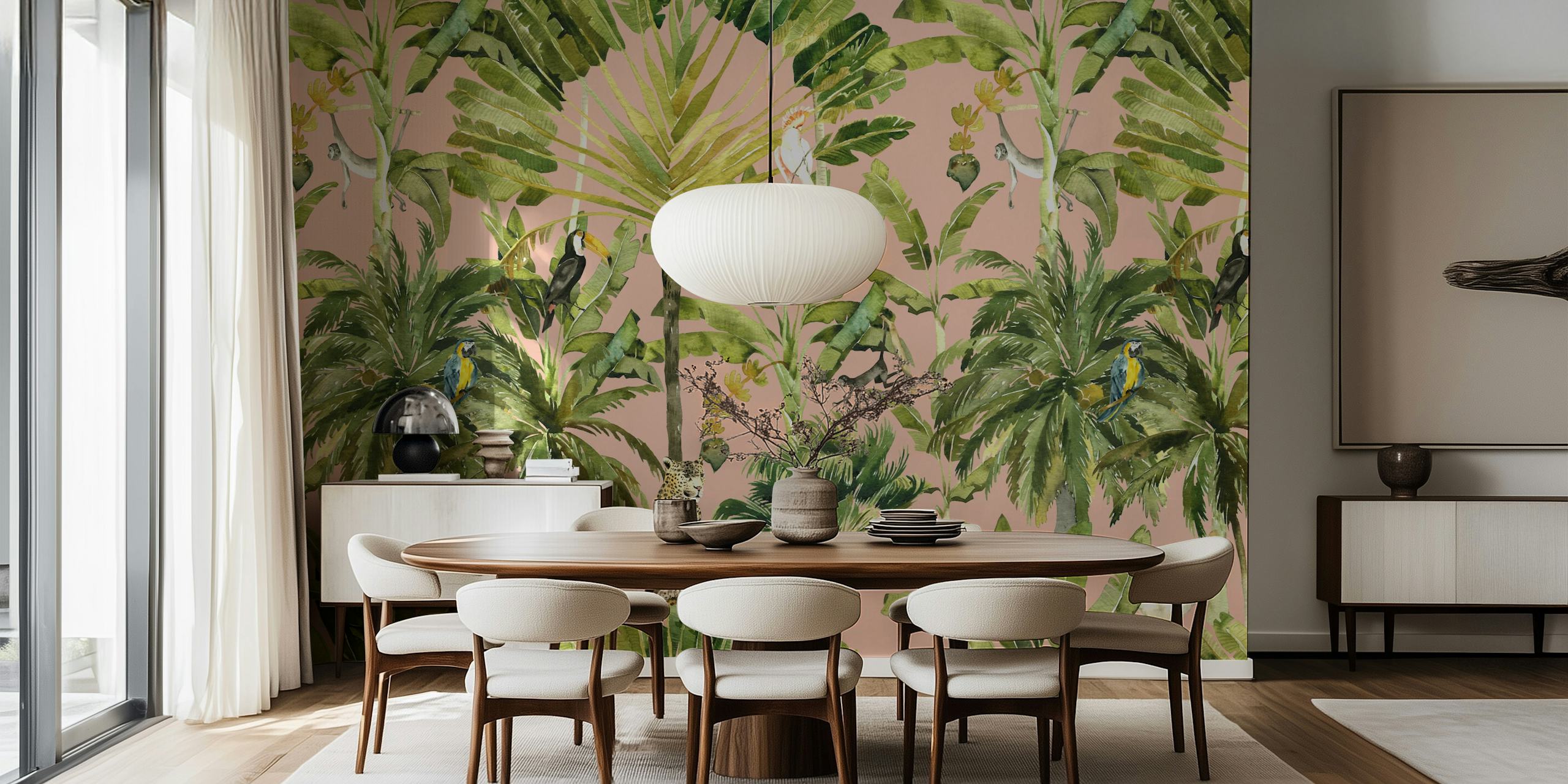 Tropical Wildlife in Watercolor Style Tapete in einem Zimmer