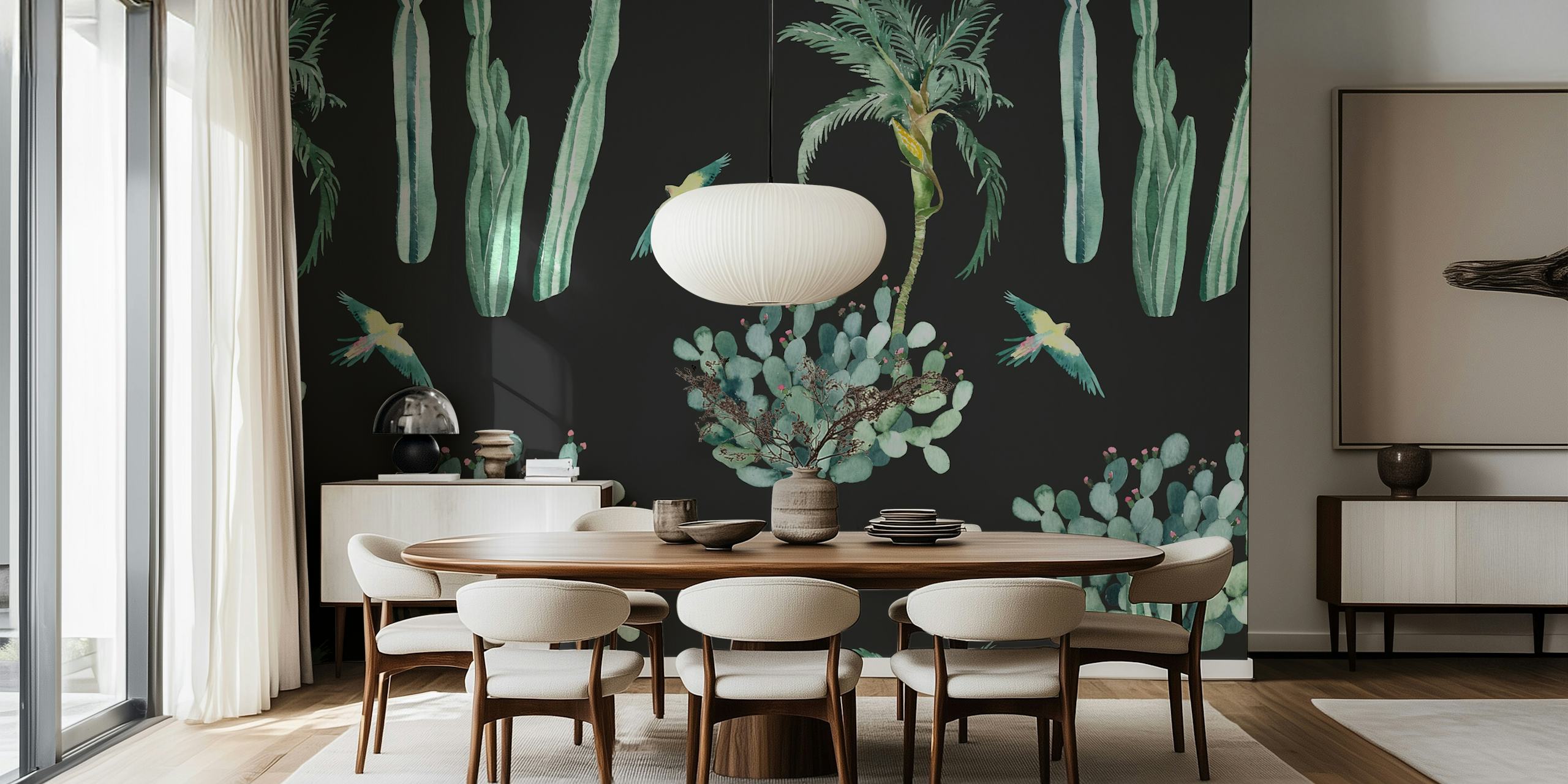 Cactus and exotic birds on a black background wallpaper