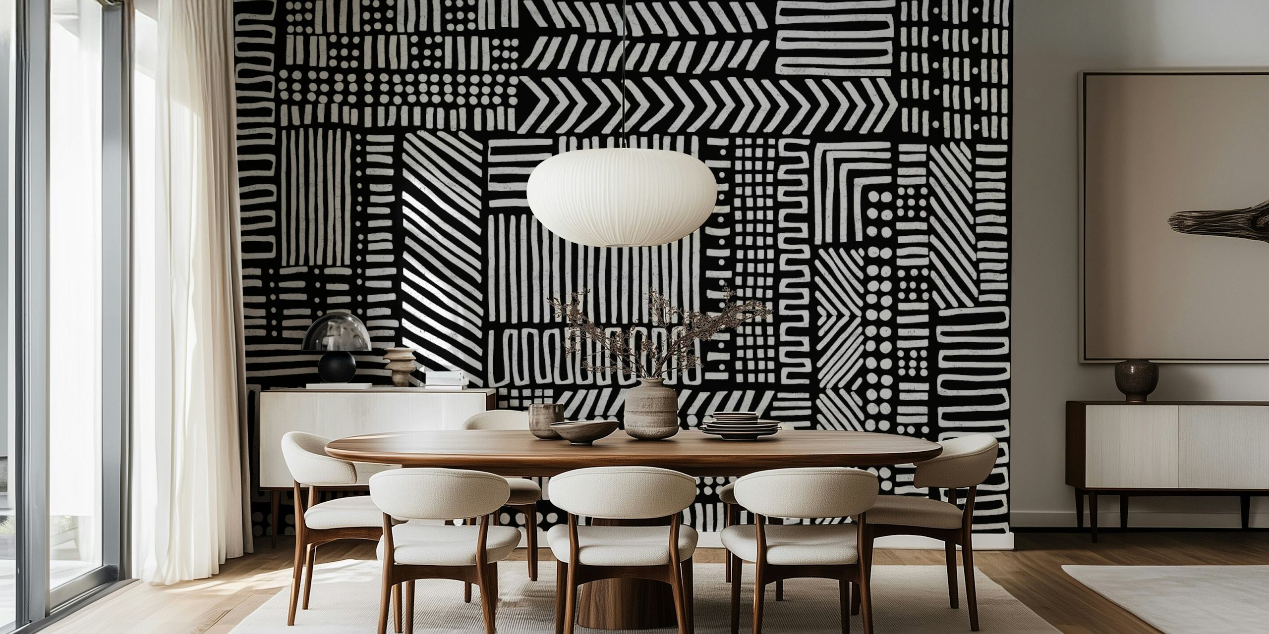 Geometric line patterns in black and white wallpaper