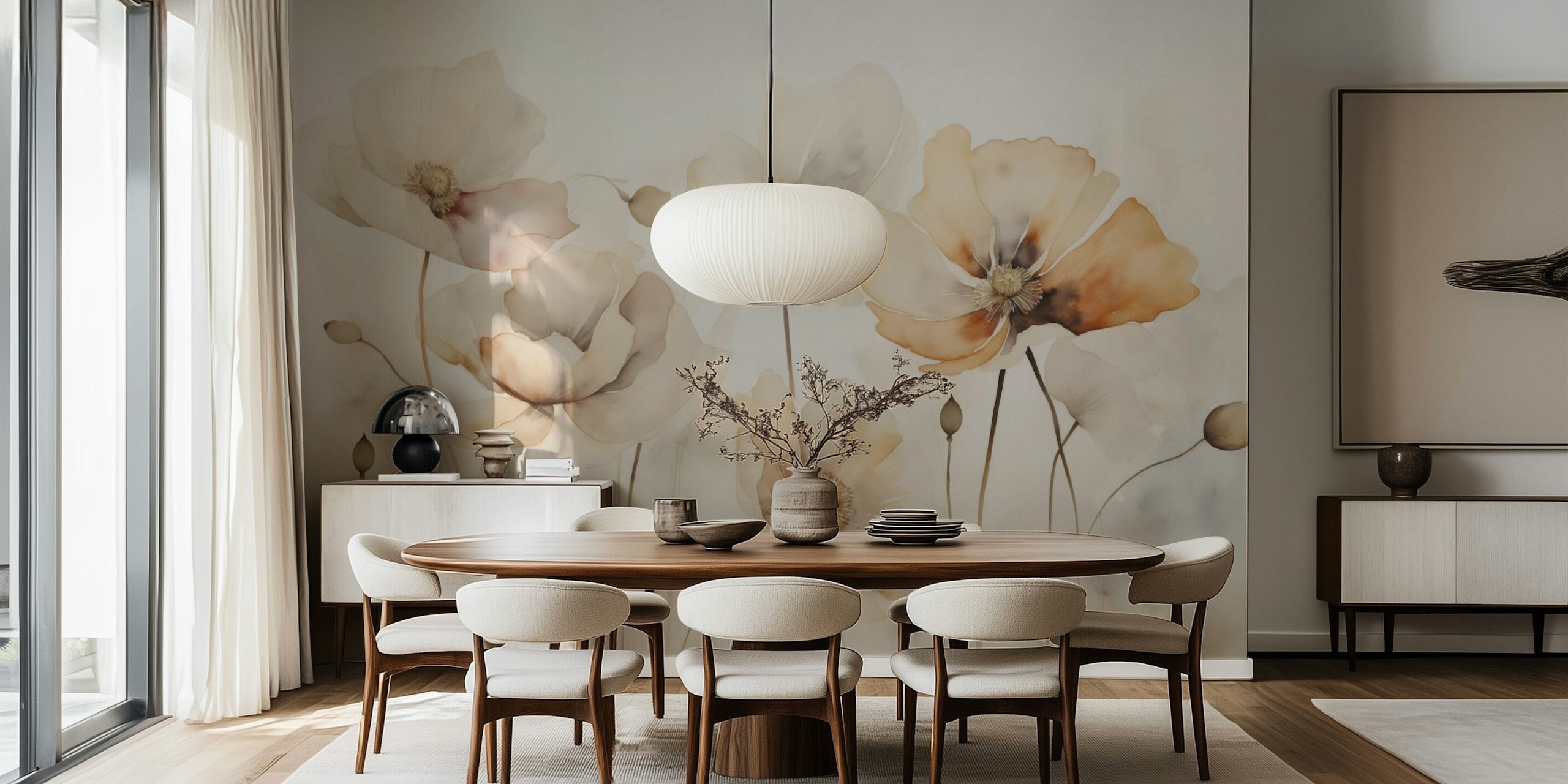 Gentle Poppy Flower Meadow wallpaper in a room
