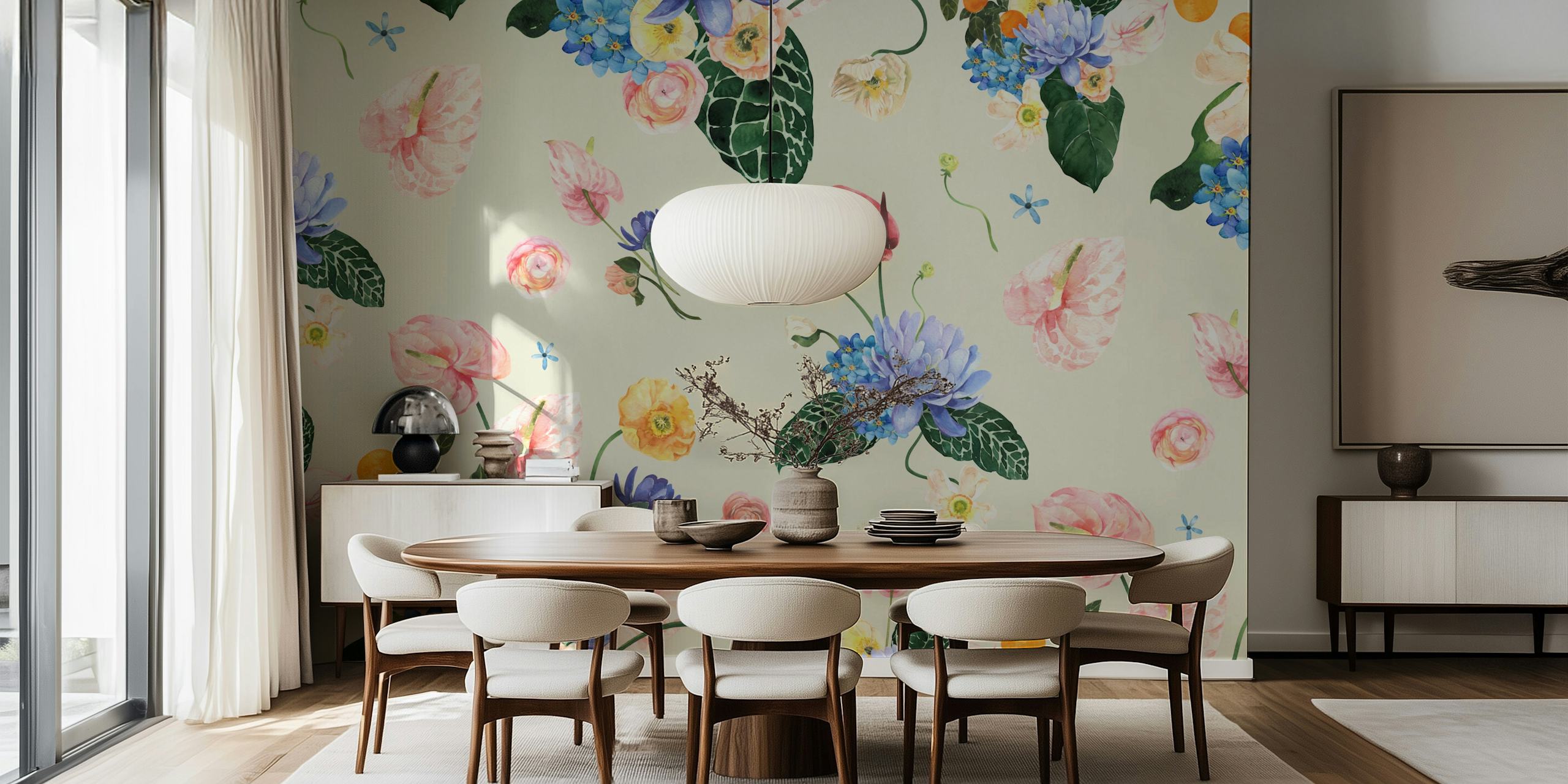 Colorful Tropical Flowers wallpaper in a room