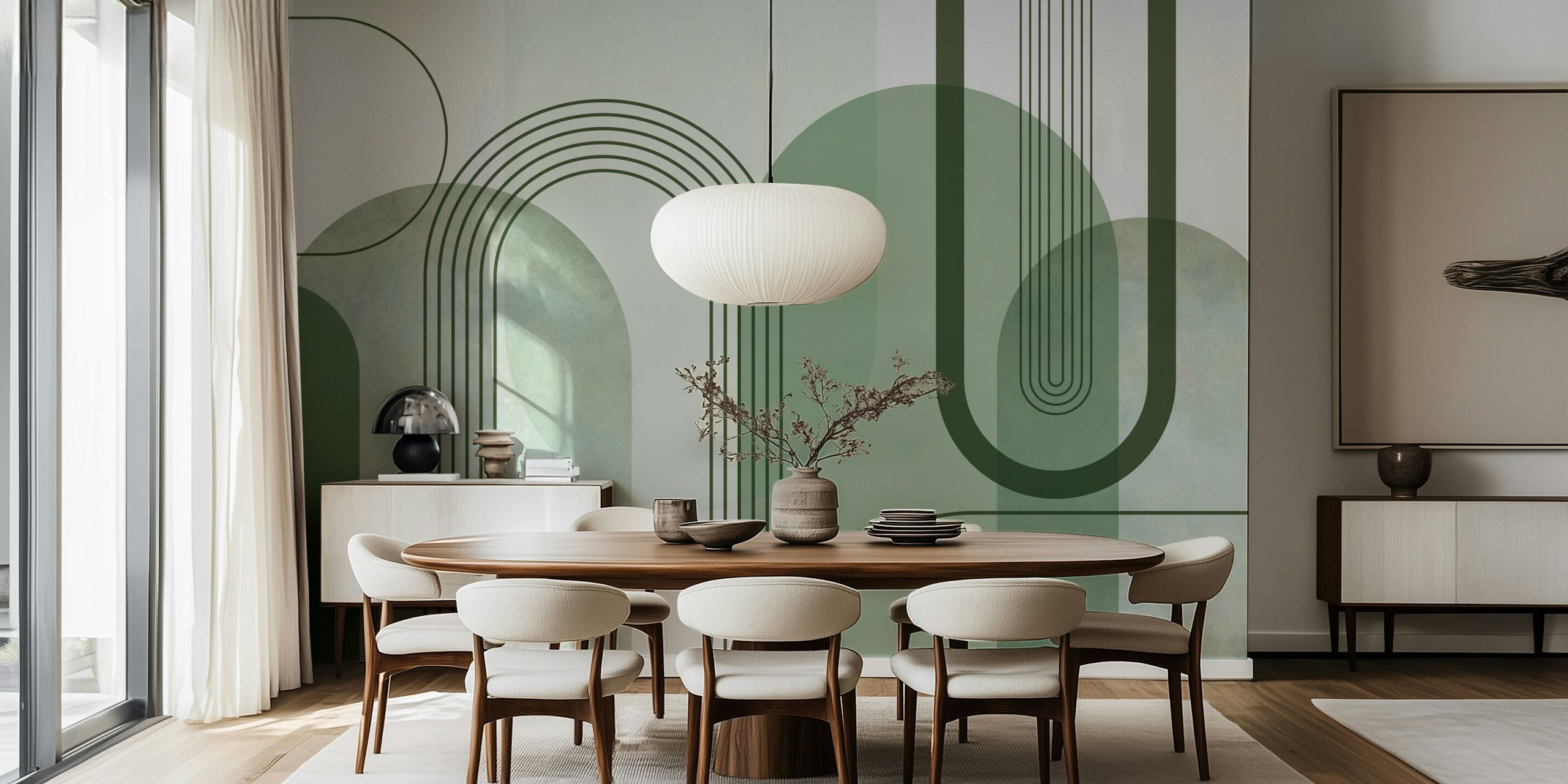 Abstract sage green shapes and lines wallpaper
