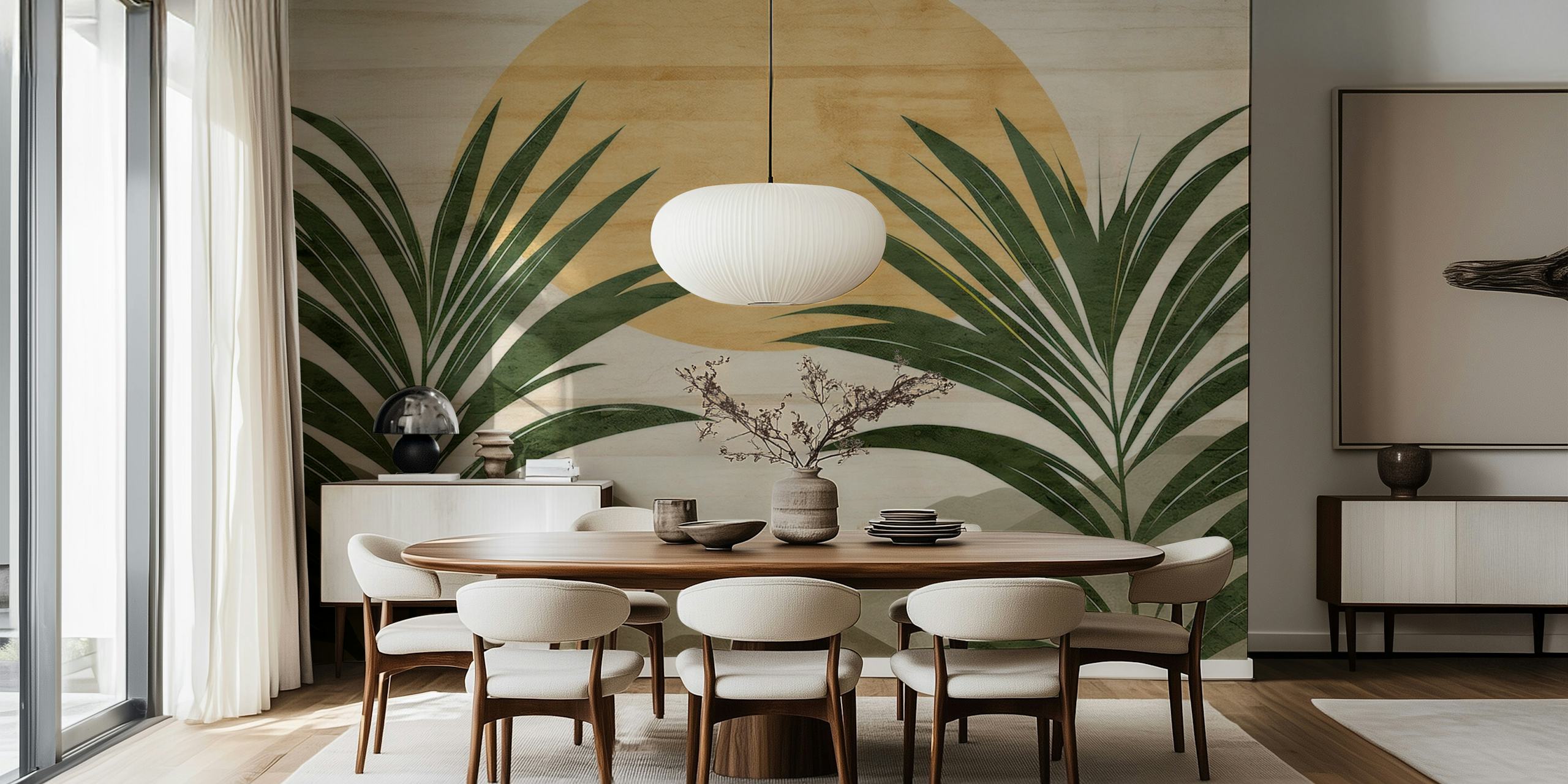 Tropical palm leaves against a warm beige background wallpaper