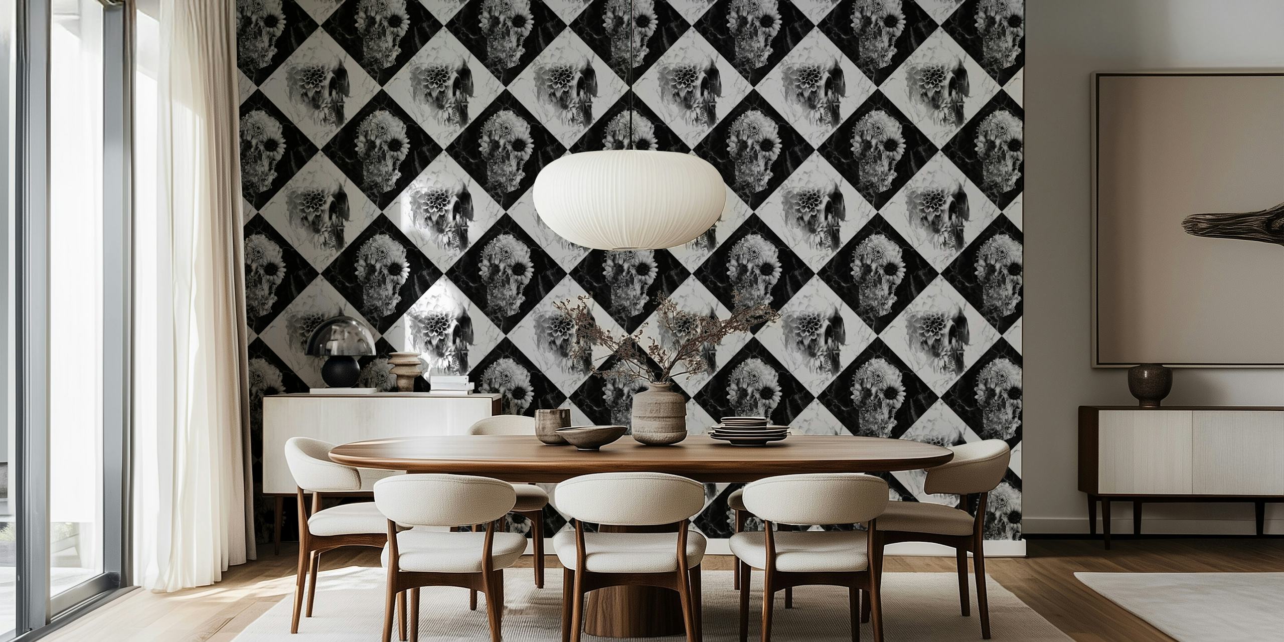 Black and white checker pattern with skull motifs wallpaper