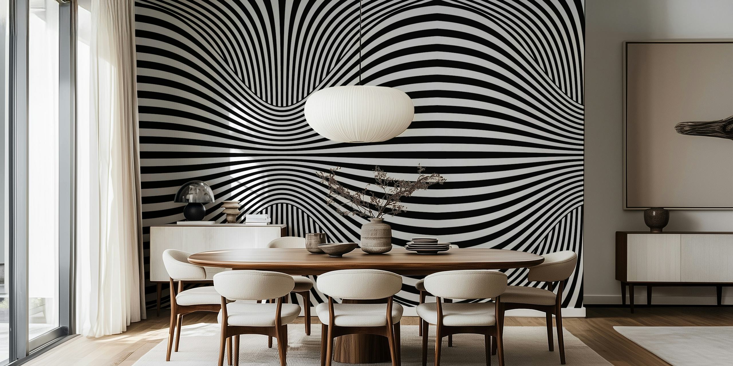 Groovy Retro Op-Art Stripe Warp wallpaper in a room