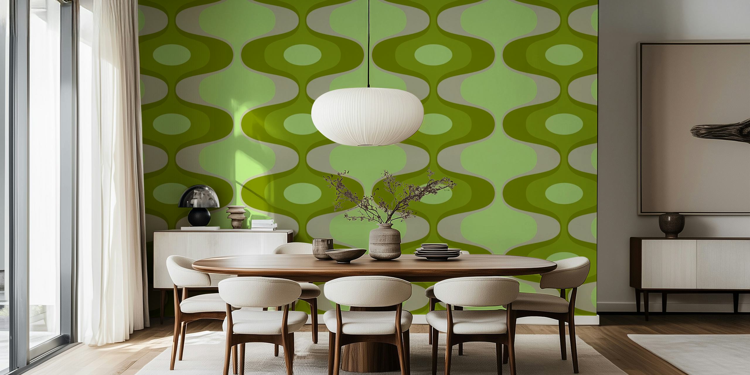 Vivid green vintage geo abstract wallpaper in a room