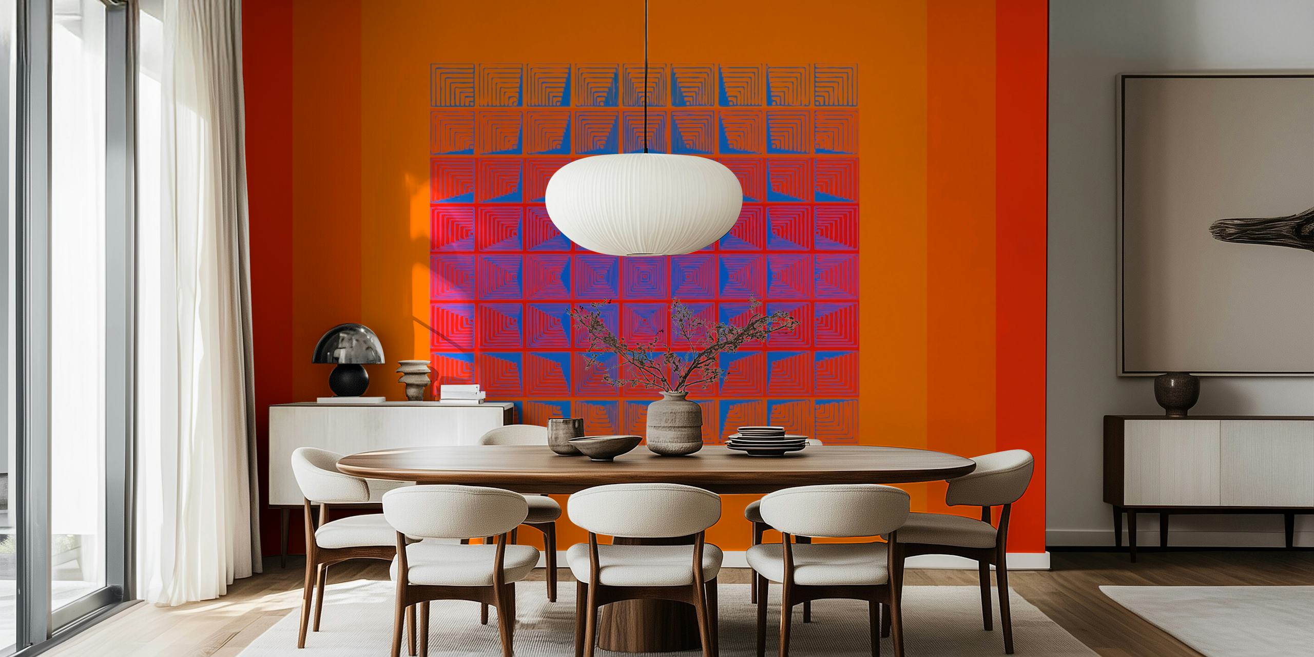 Retro geometric wallpaper in a living room