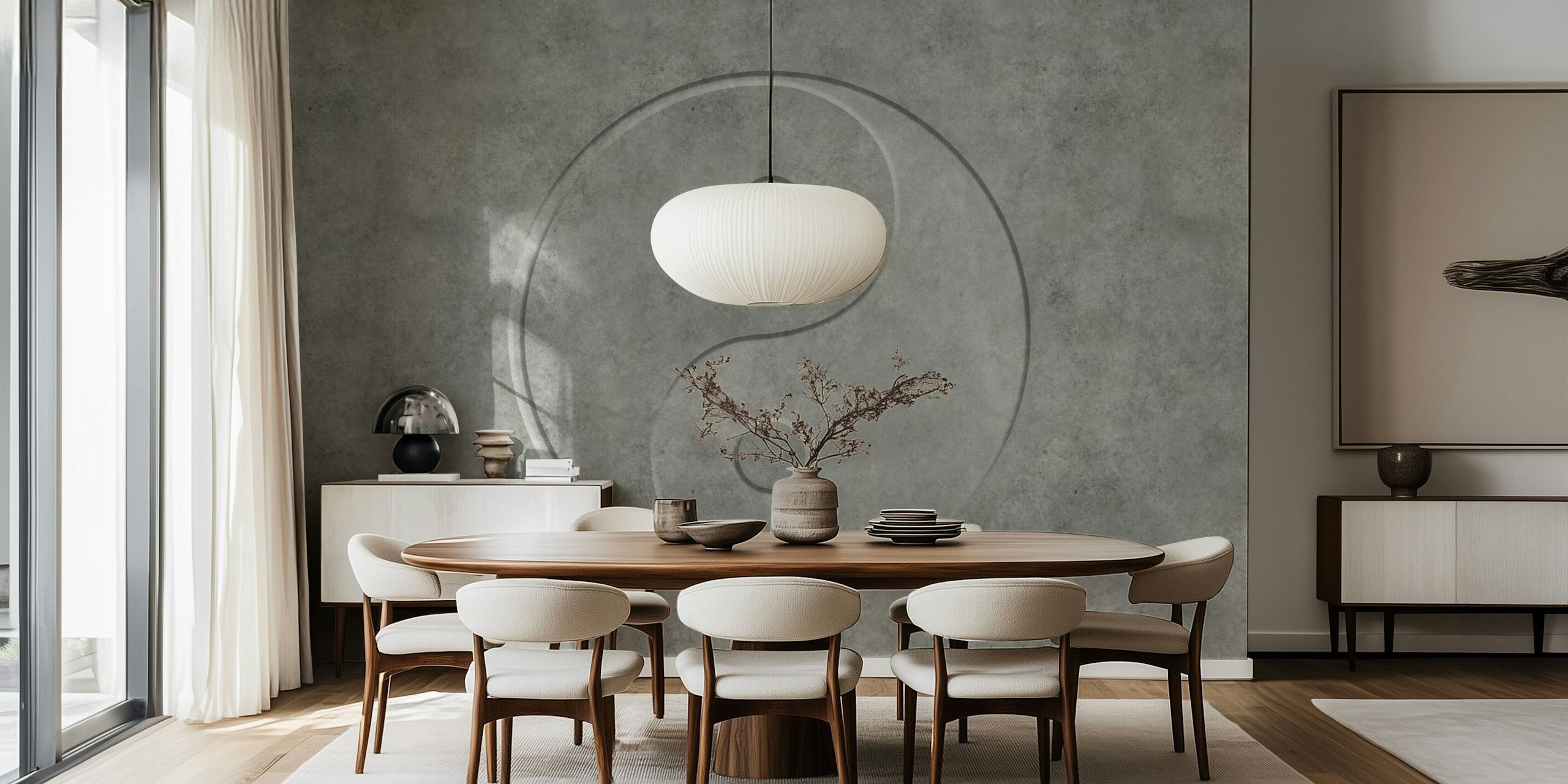 Gray concrete wallpaper featuring a Yin Yang symbol in the center