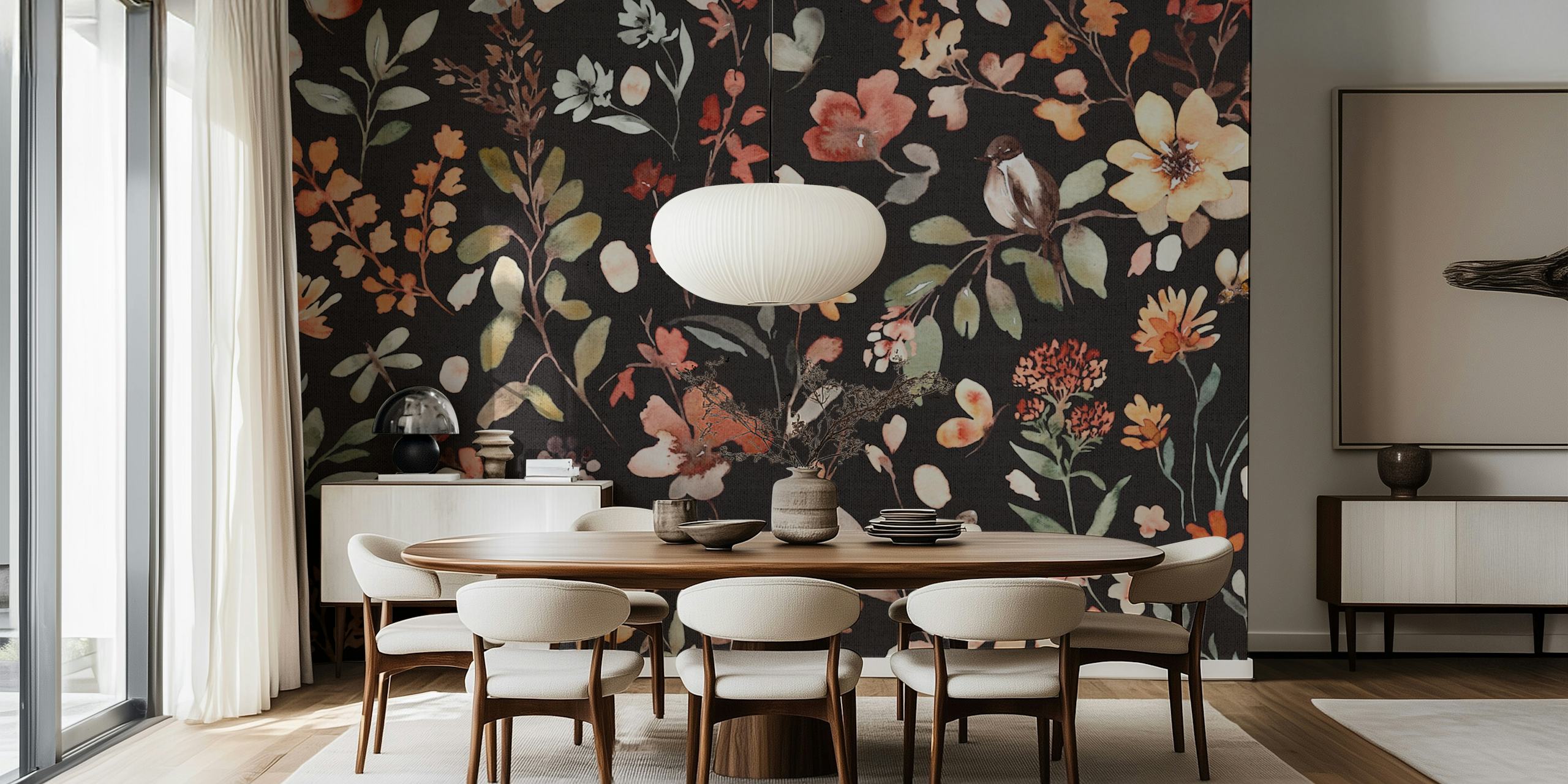 Colorful floral patterns on black wallpaper, watercolor style