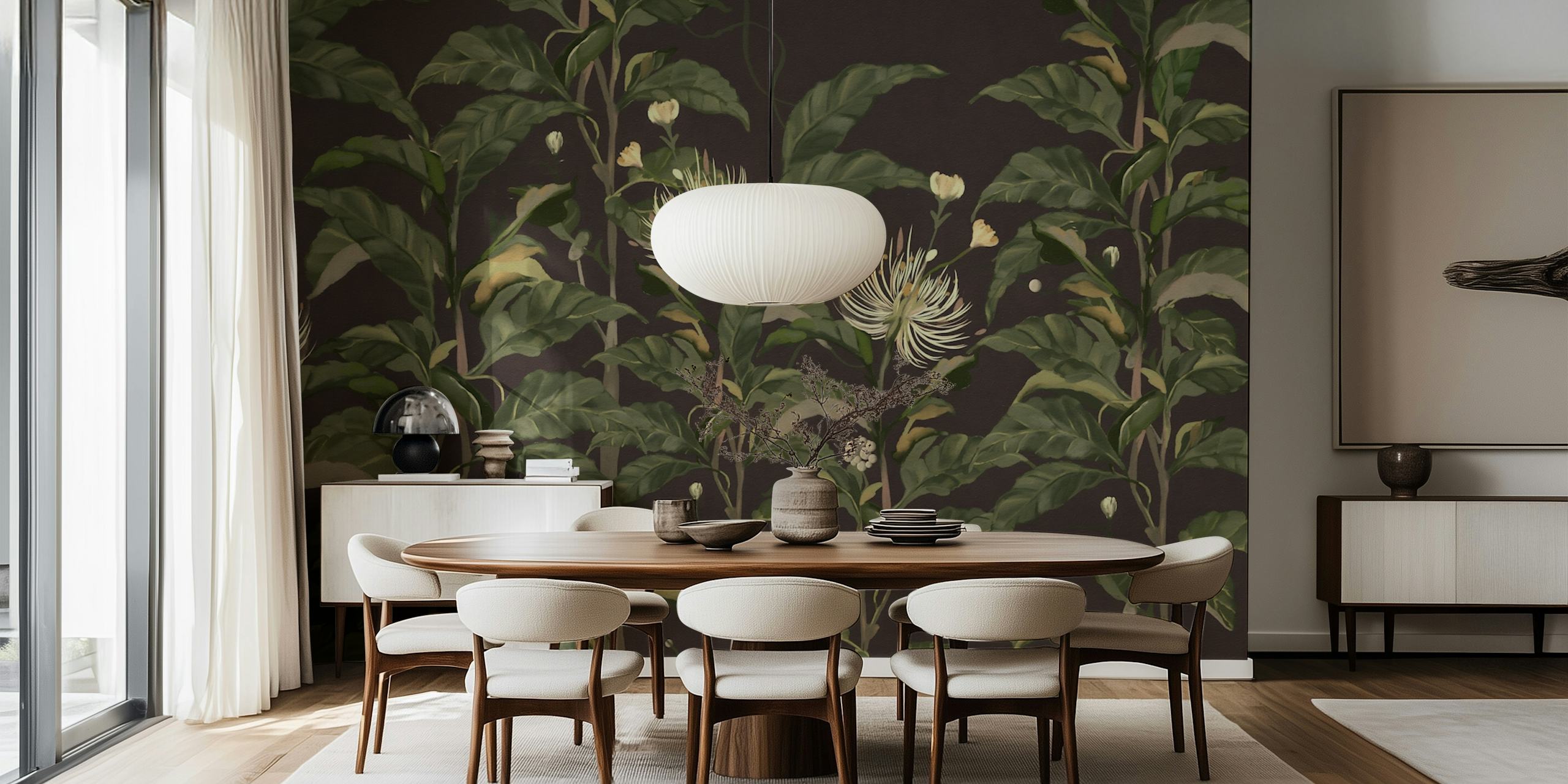 Green floral designs on black background wallpaper