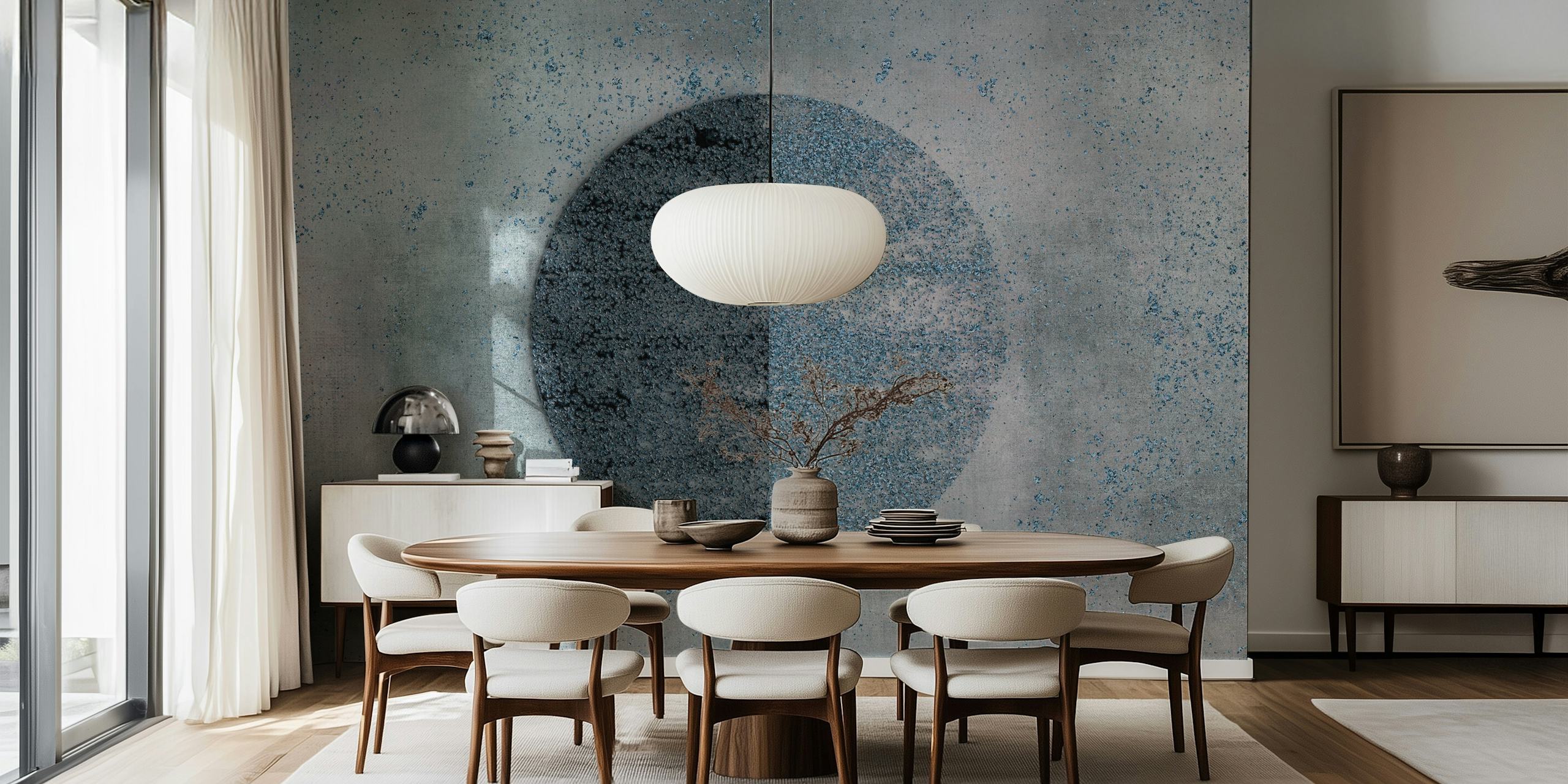 Blue circular pattern with textured grey background wallpaper
