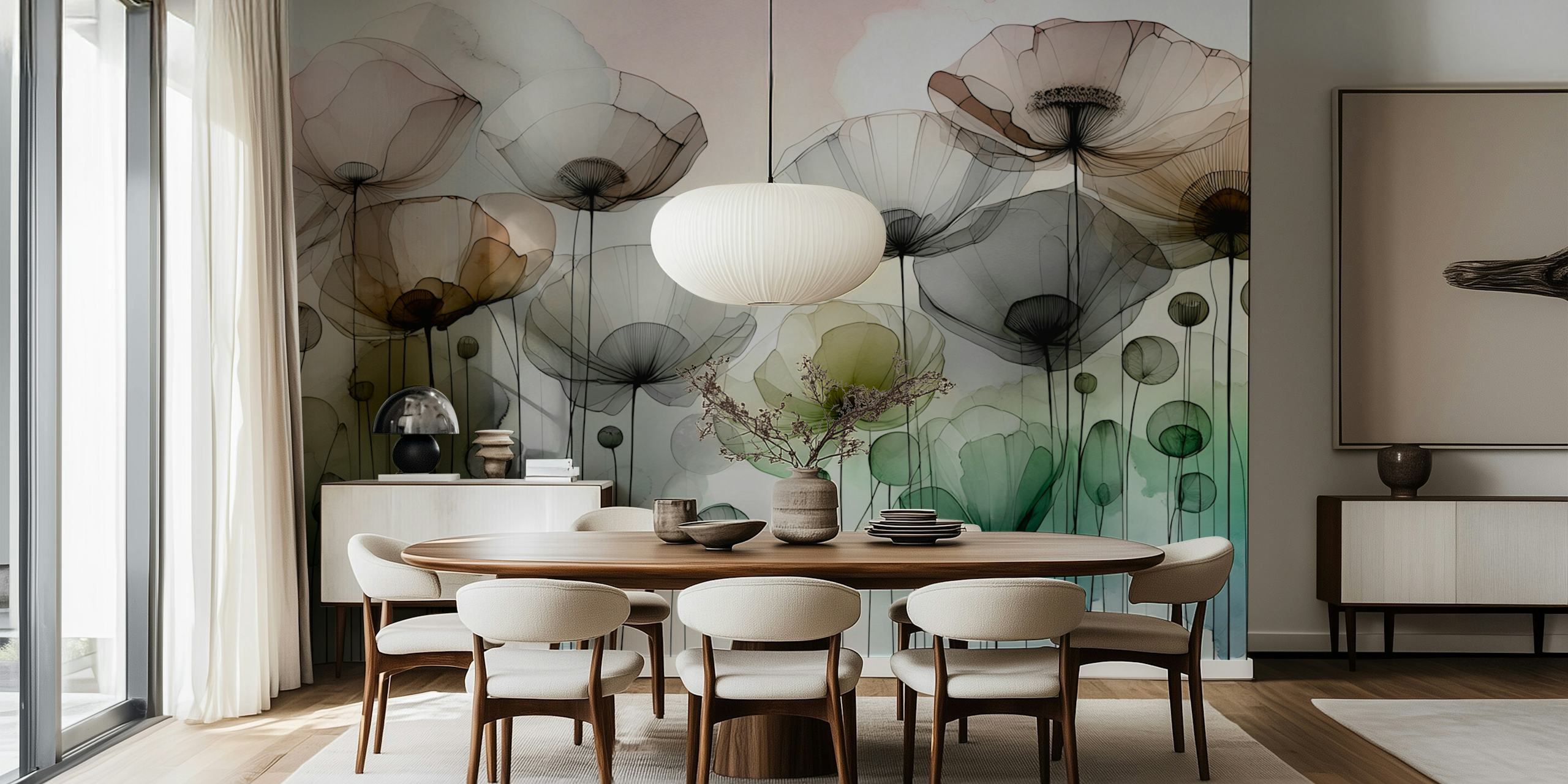 Ink Wash Flower Field wallpaper in a room