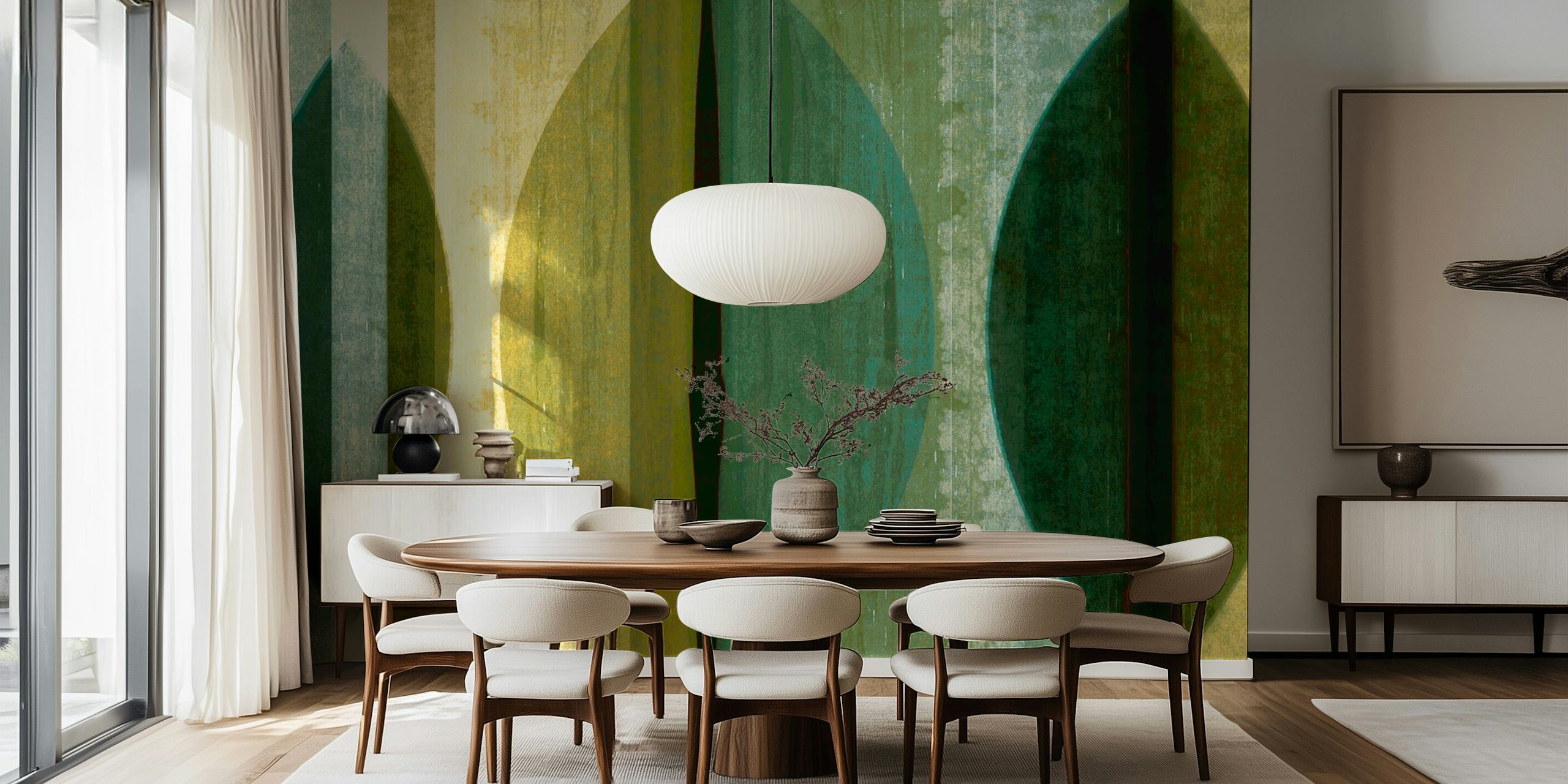 Vintage geometric circle pattern in muted greens and yellows wallpaper