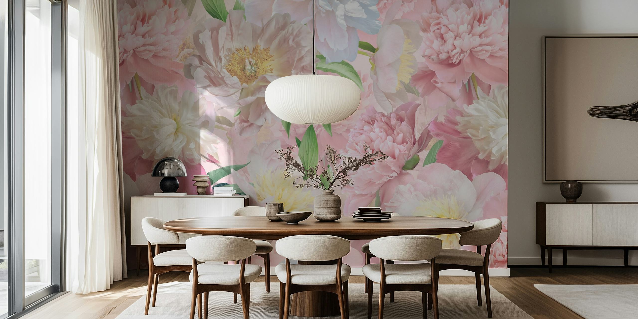 Peony flowers in soft pink and white hues wallpaper