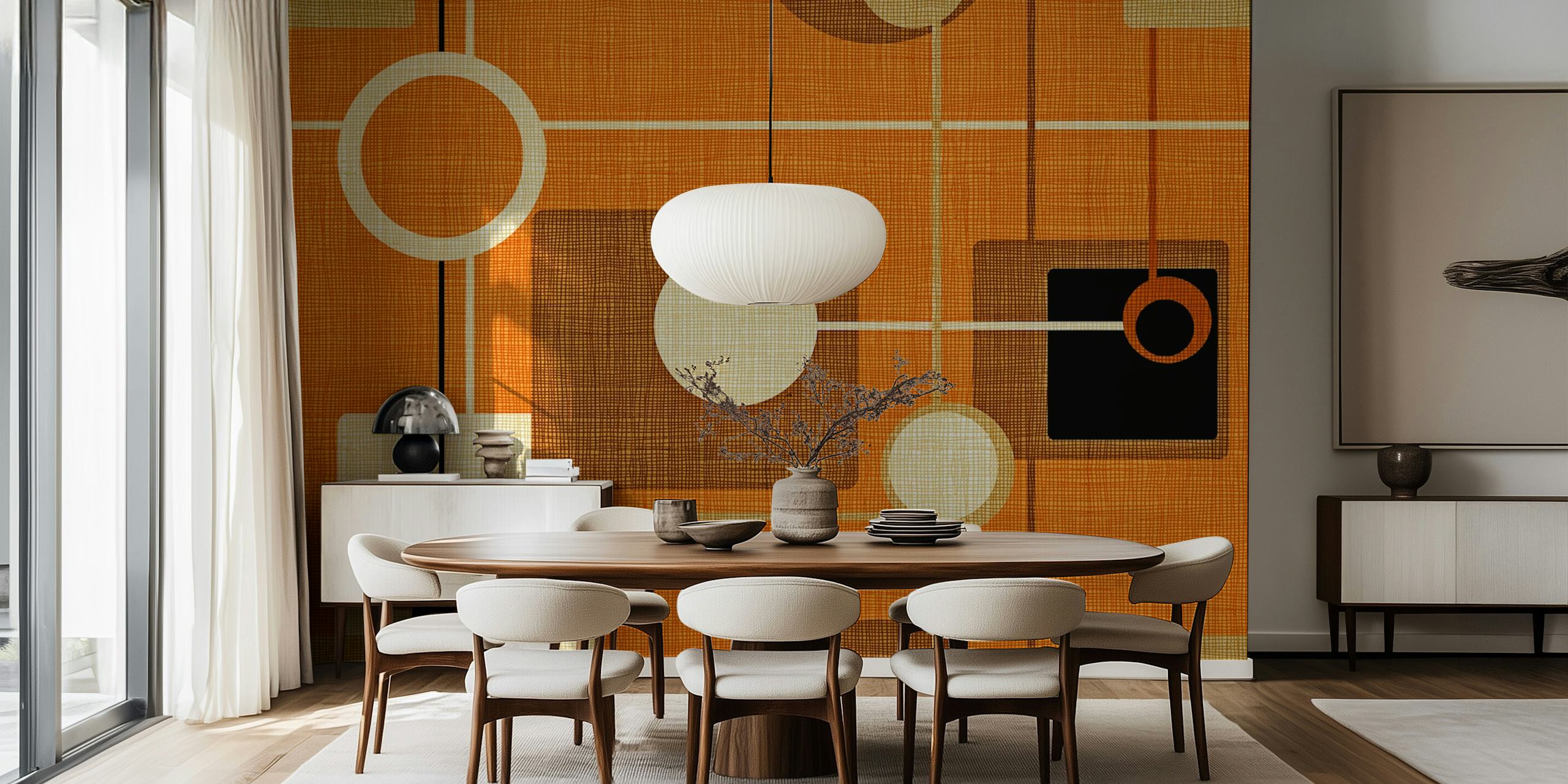 Mid-Century Style Motif tapet i orange og creme